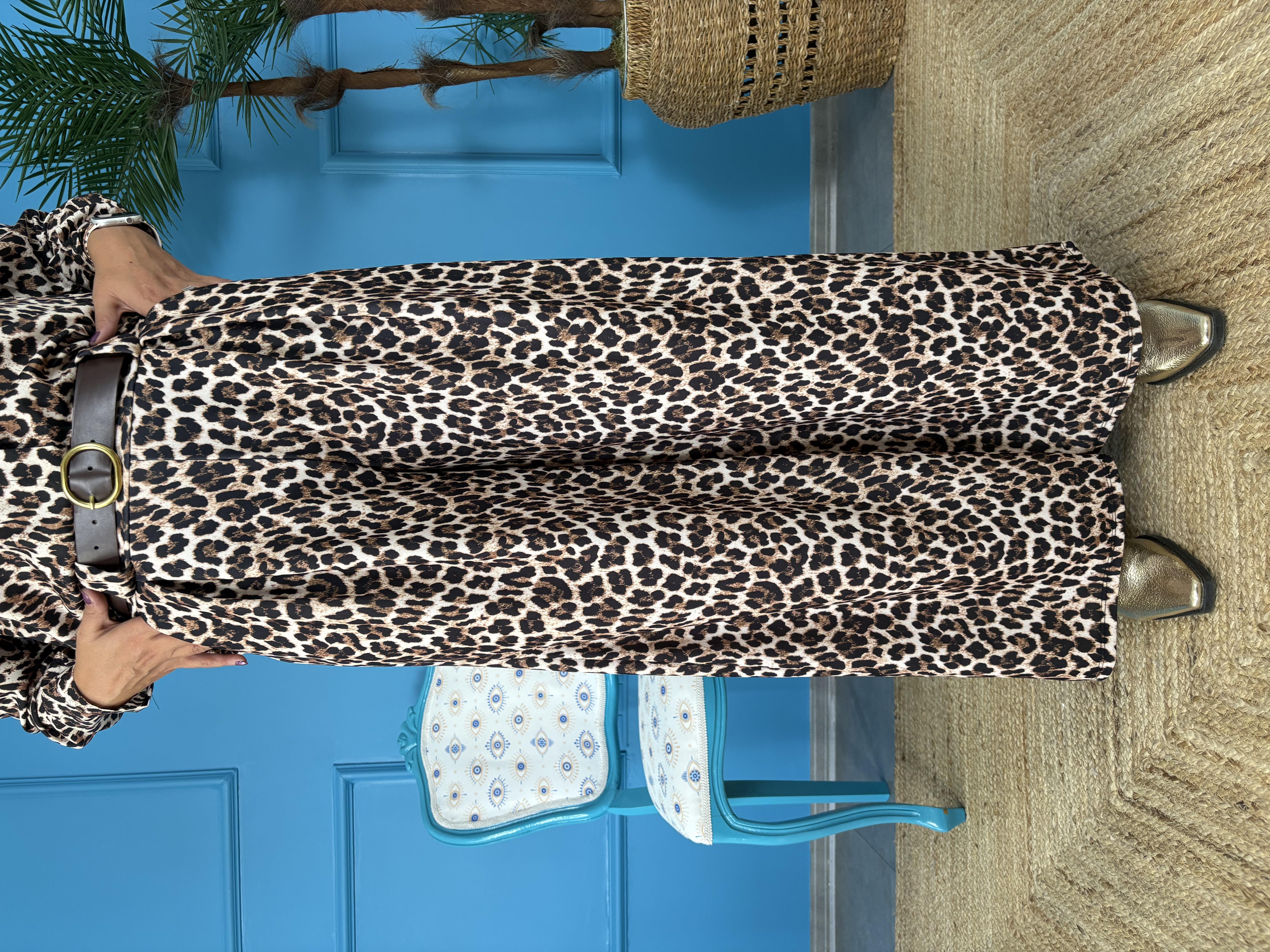 İthal Leopar Desenli Kemerli Palazzo Pantolon