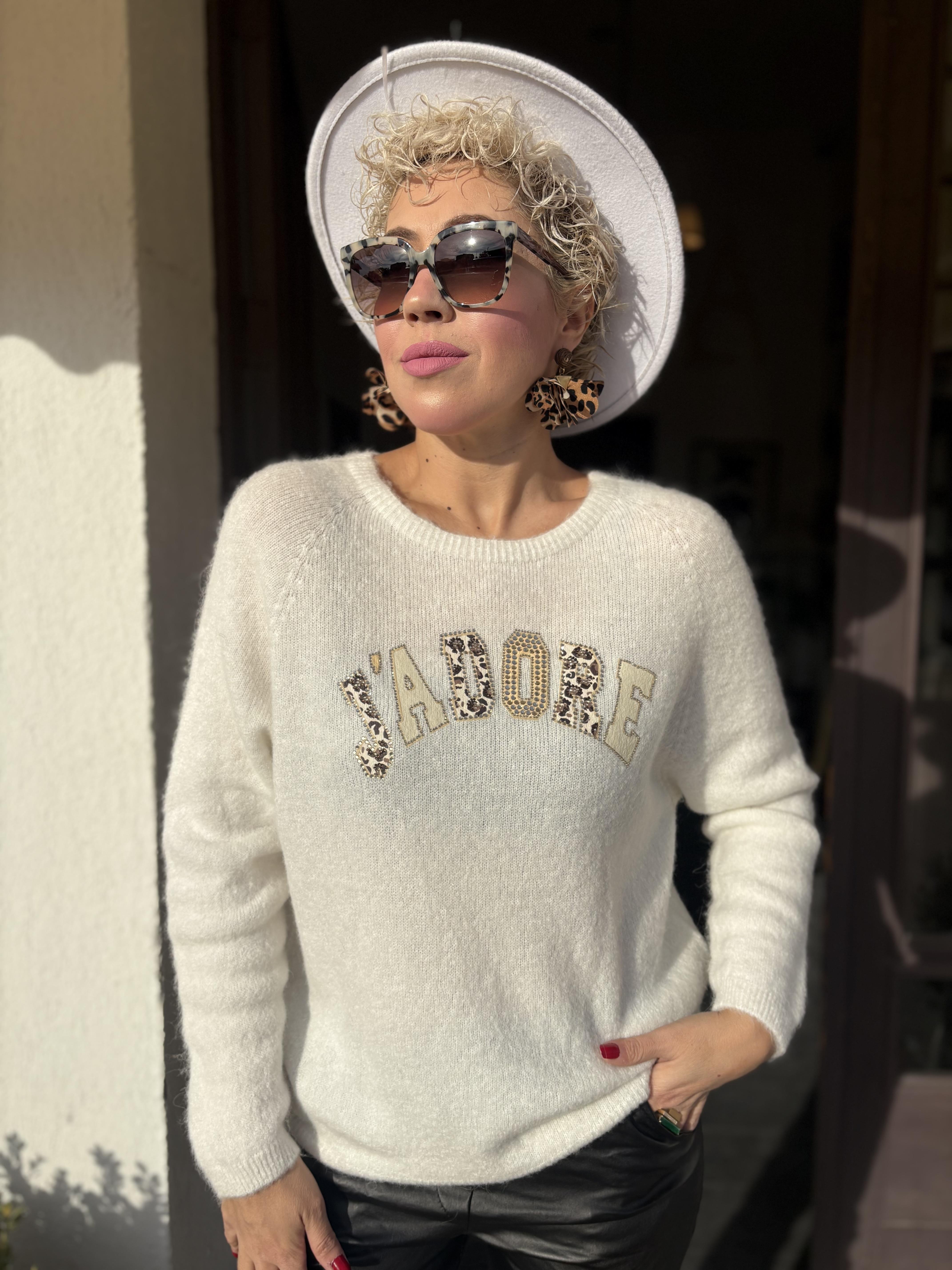 İthal Leopar Detaylı Beyaz Angora Kazak