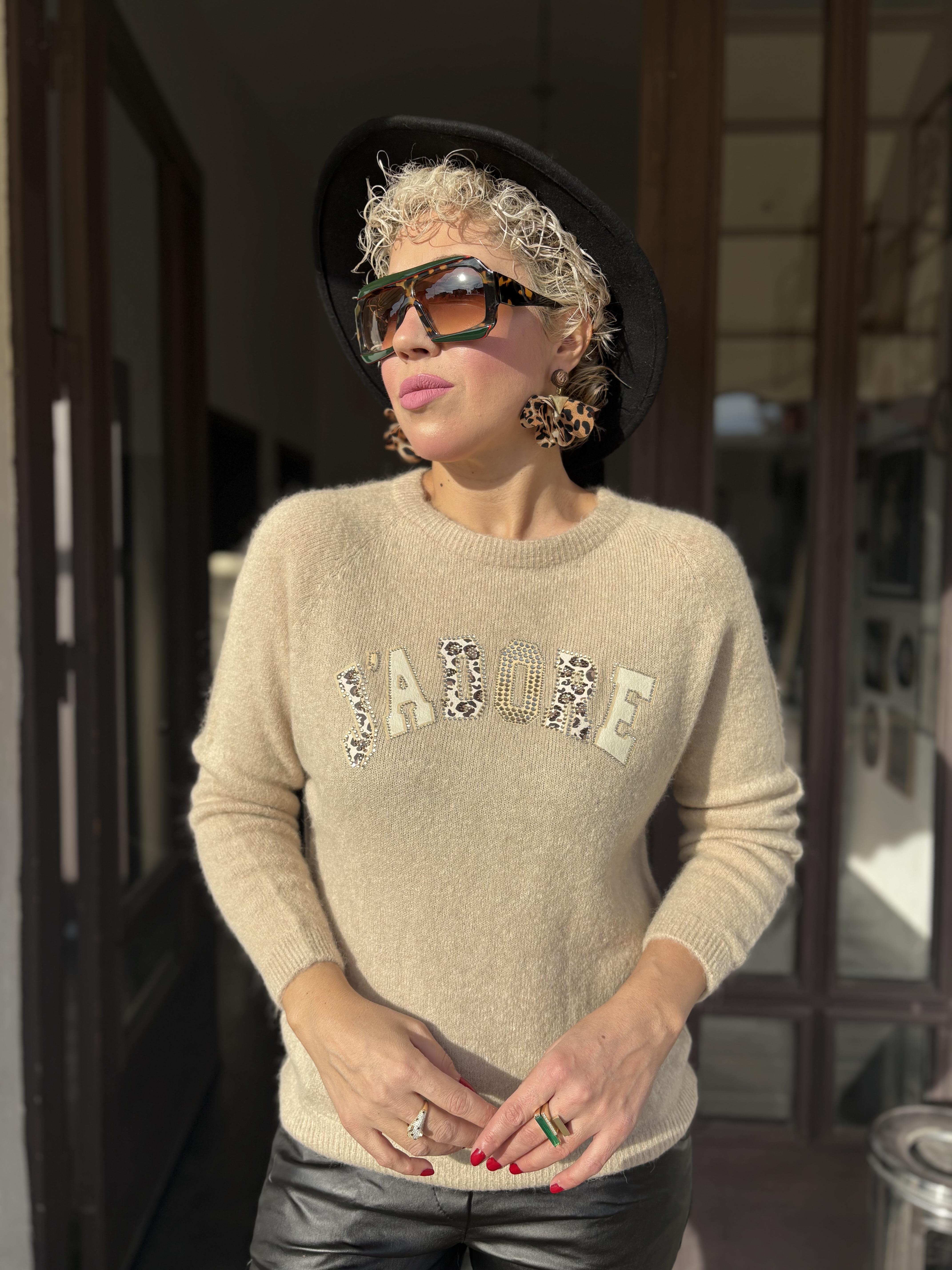 İthal Leopar Detaylı Krem Angora Kazak