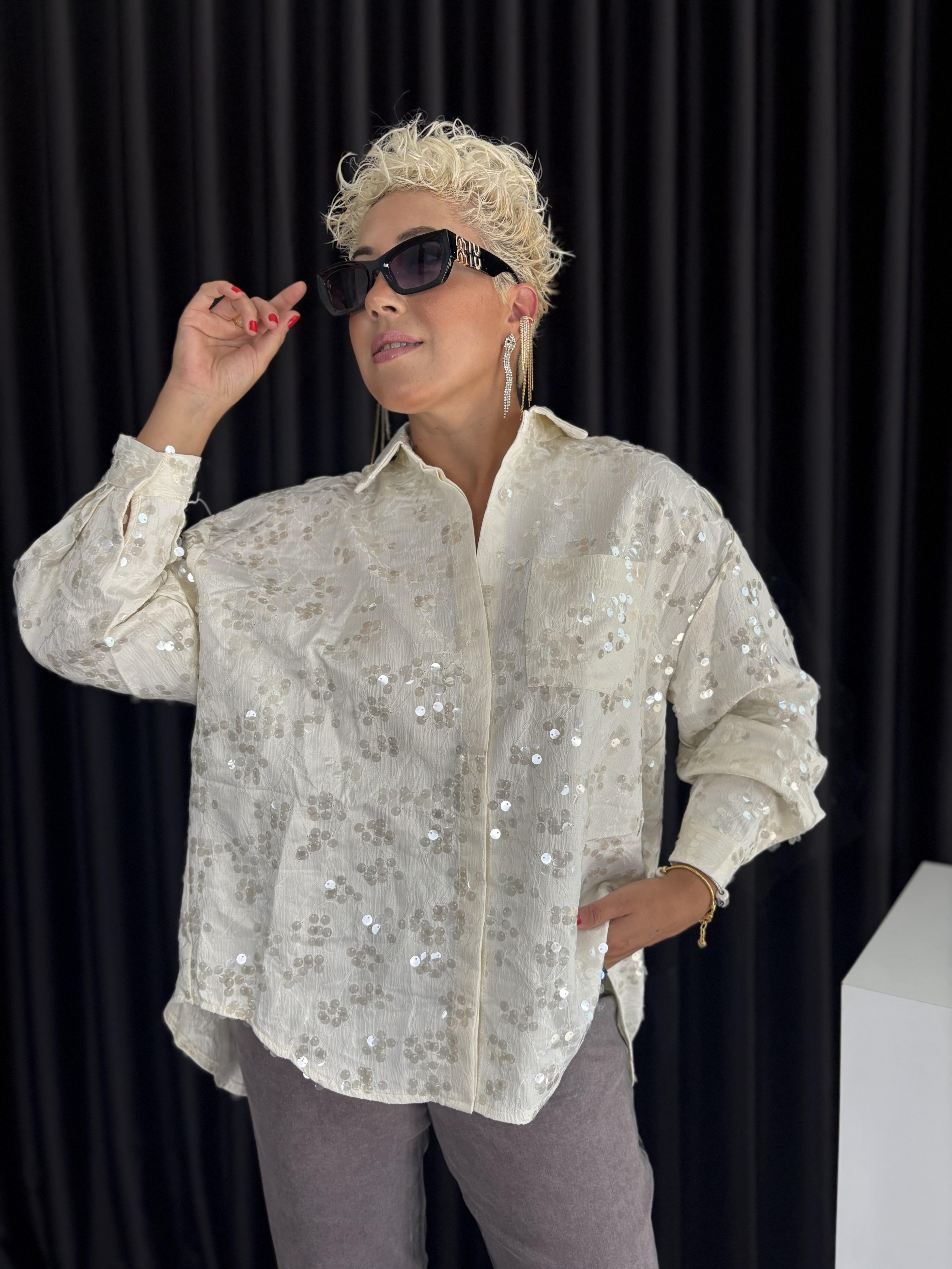 İthal Payetli Ekru Gömlek