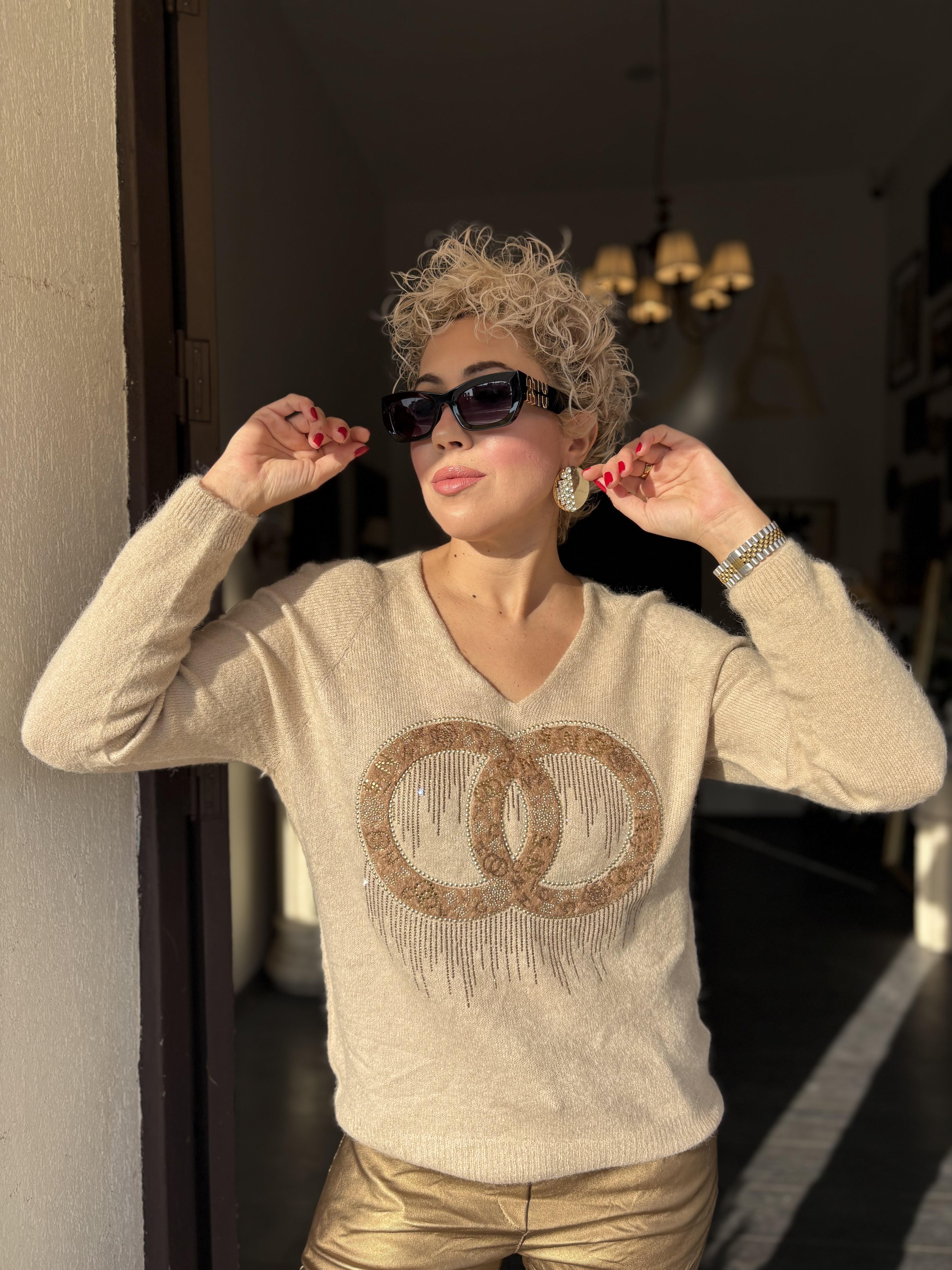 İthal Taş İşlemeli Krem Angora Kazak