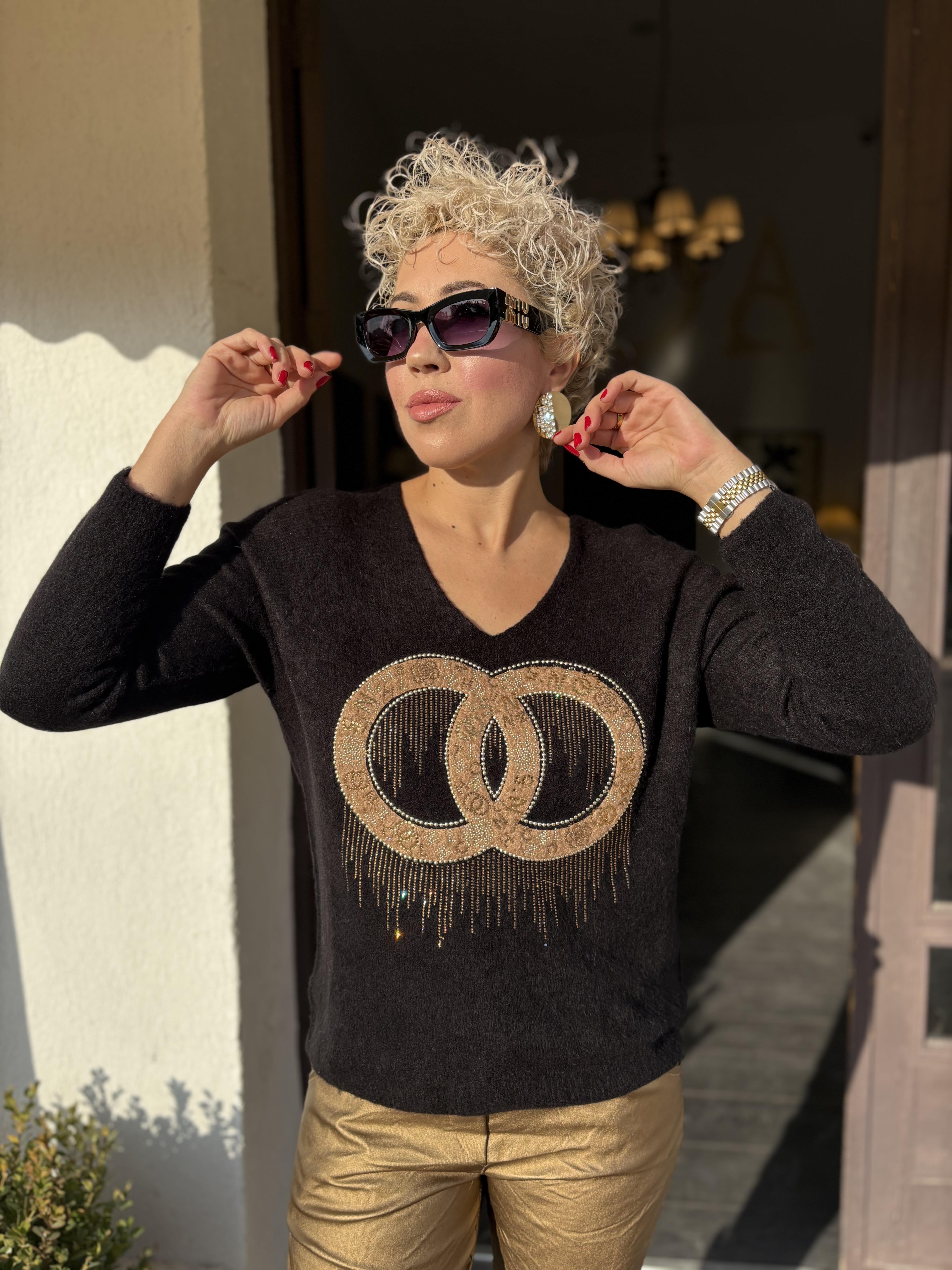 İthal Taş İşlemeli Siyah Angora Kazak