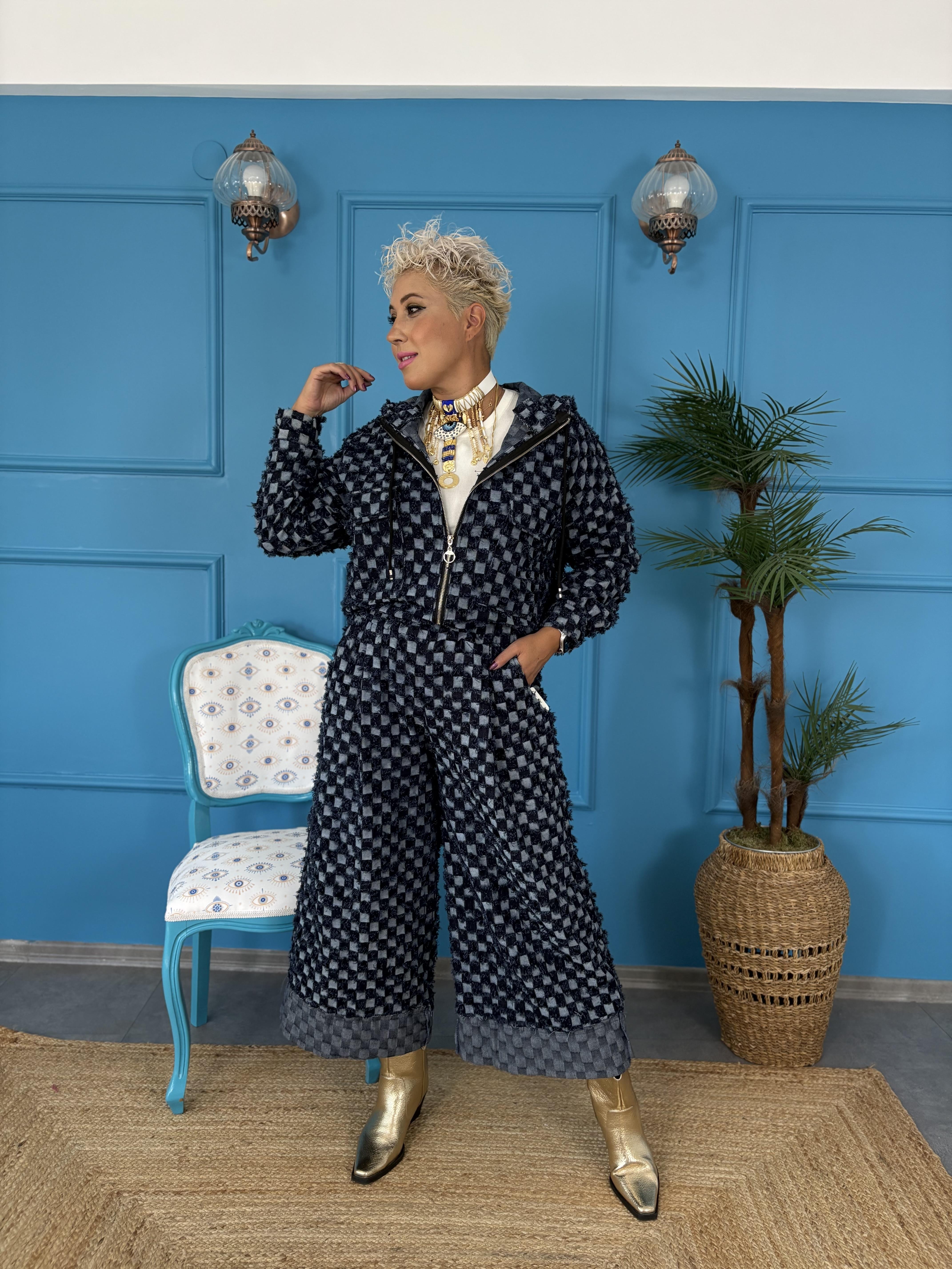 İthal Tasarım Mavi Ekose Takım