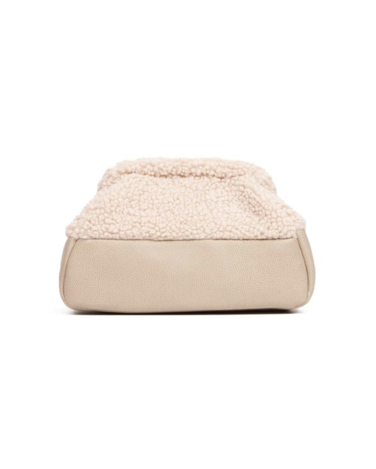 İthal Teddy ve Deri Detaylı Bej Clutch Portföy Çanta