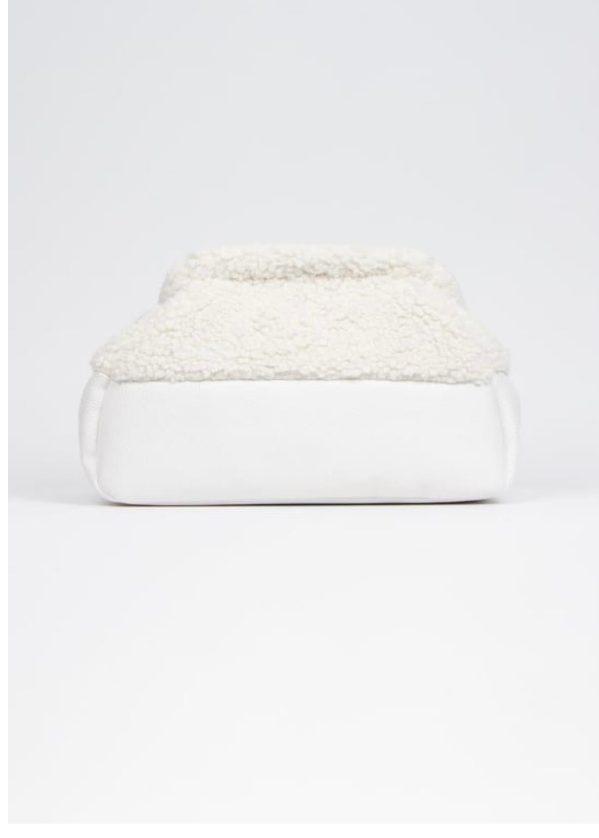 İthal Teddy ve Deri Detaylı Beyaz Clutch Portföy Çanta