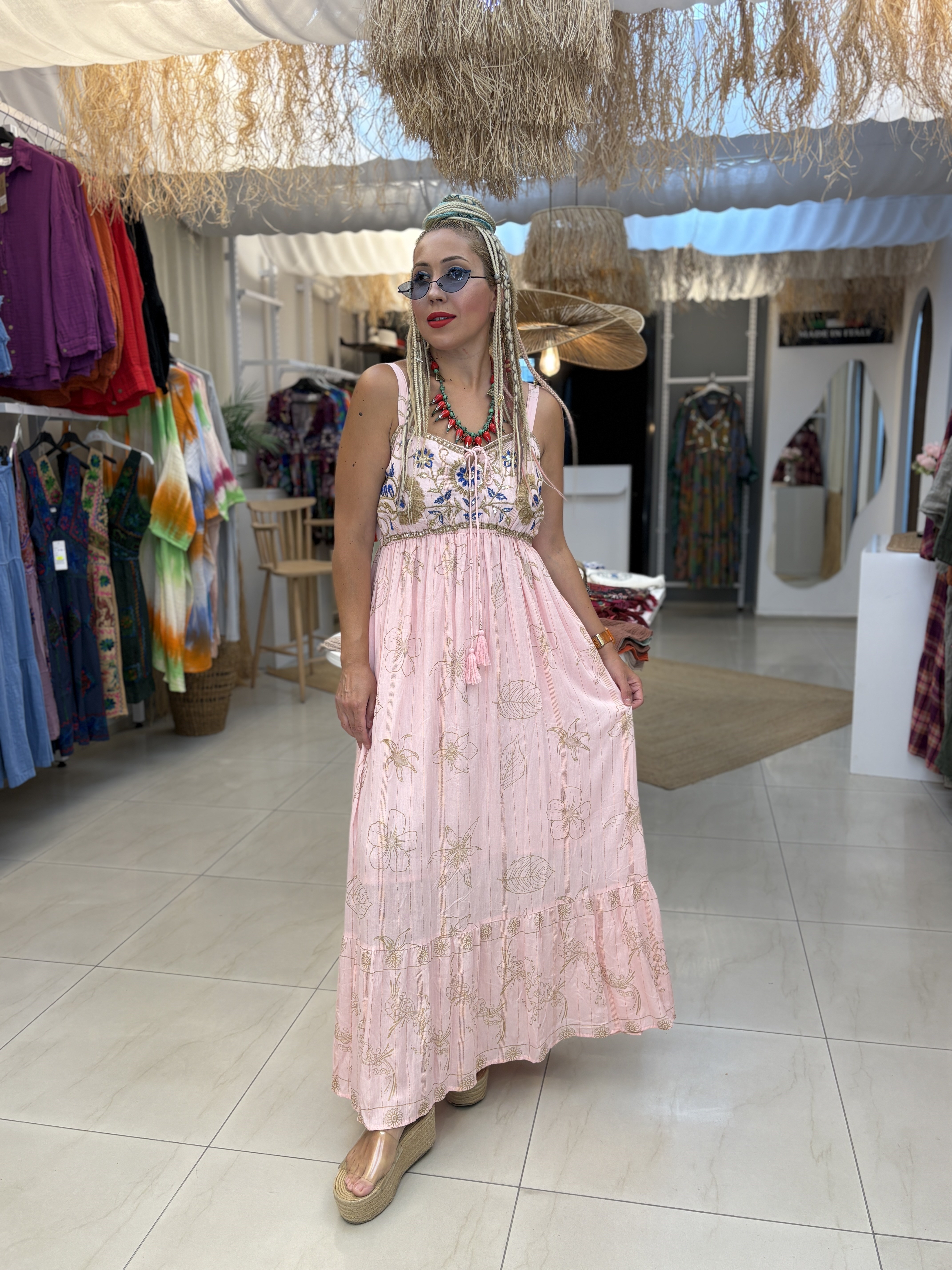 İthal Toz Pembe İşlemeli Askılı Elbise