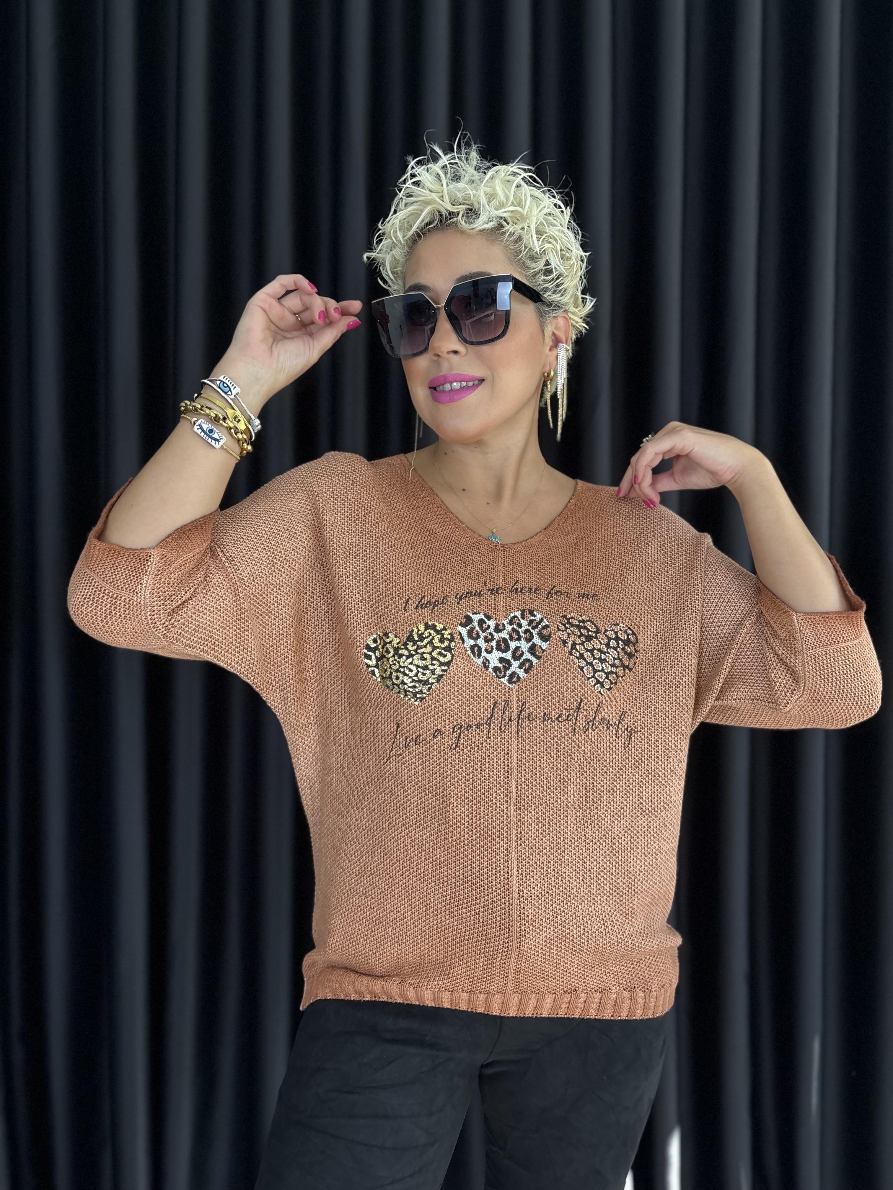 Kalp Detaylı İtalyan Merserize Kiremit Bluz