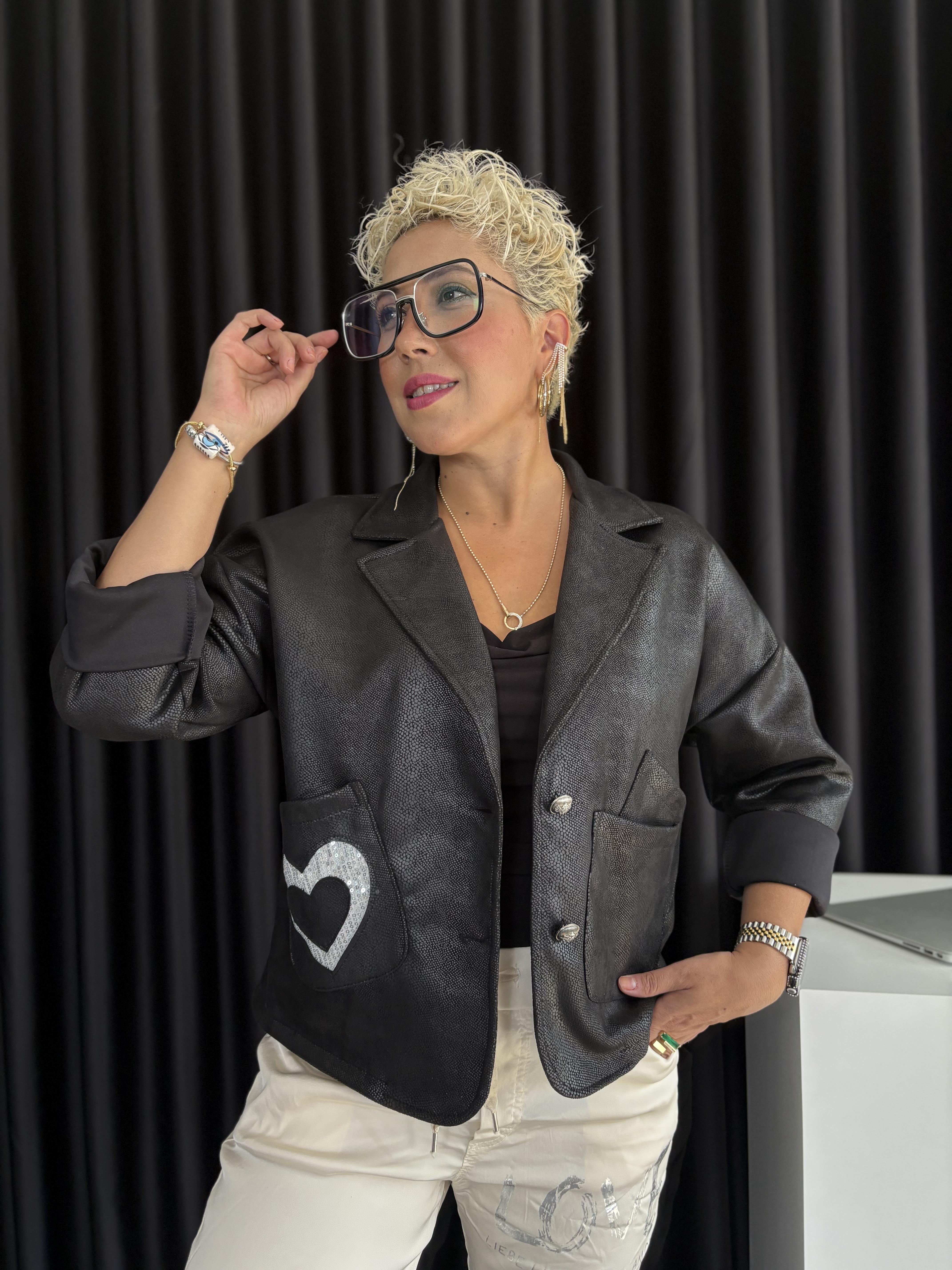 Kalp Payetli İthal Siyah Parlak Blazer