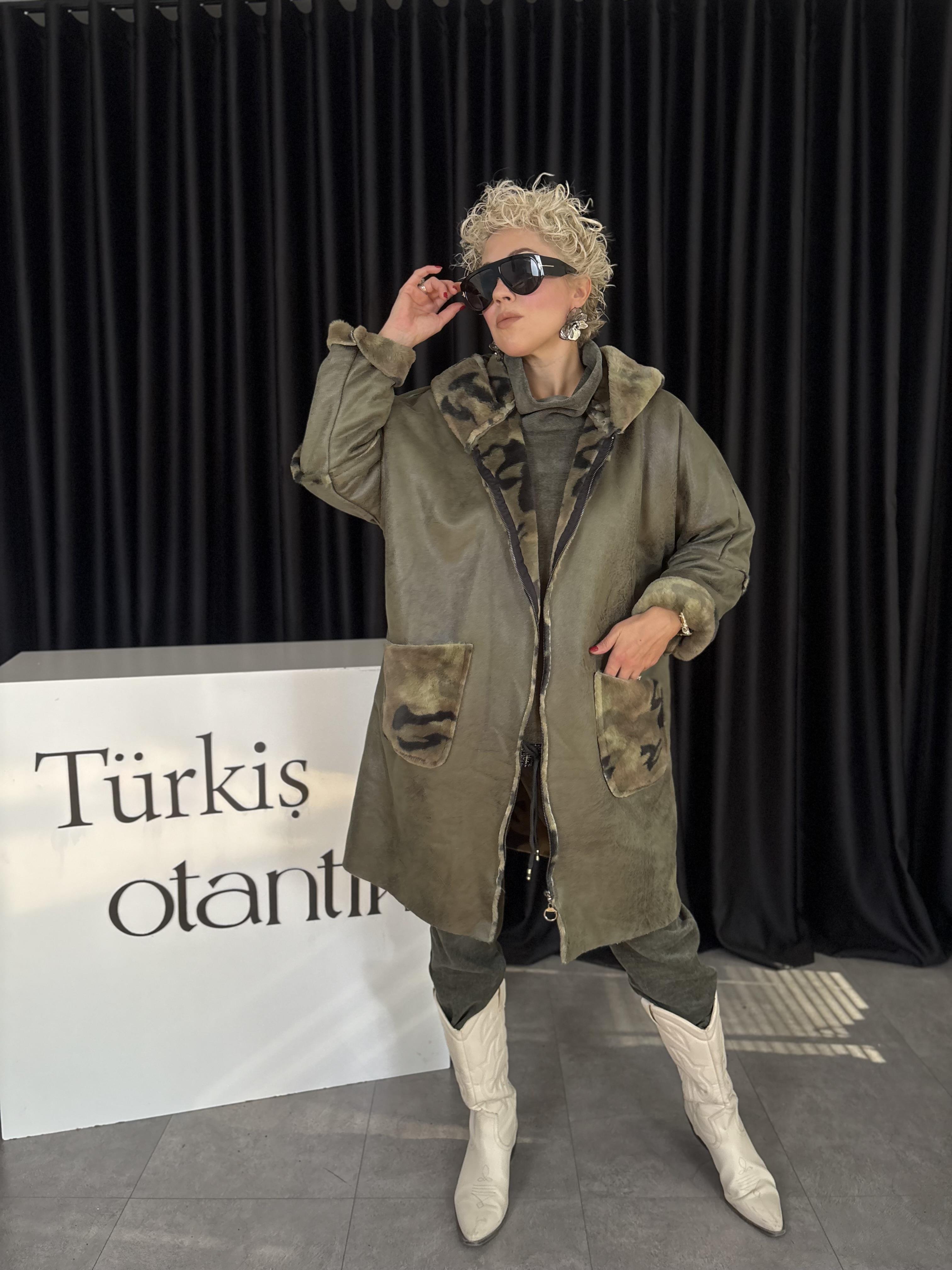 Kamuflaj Detaylı Haki Nubuk İtalyan Kaban