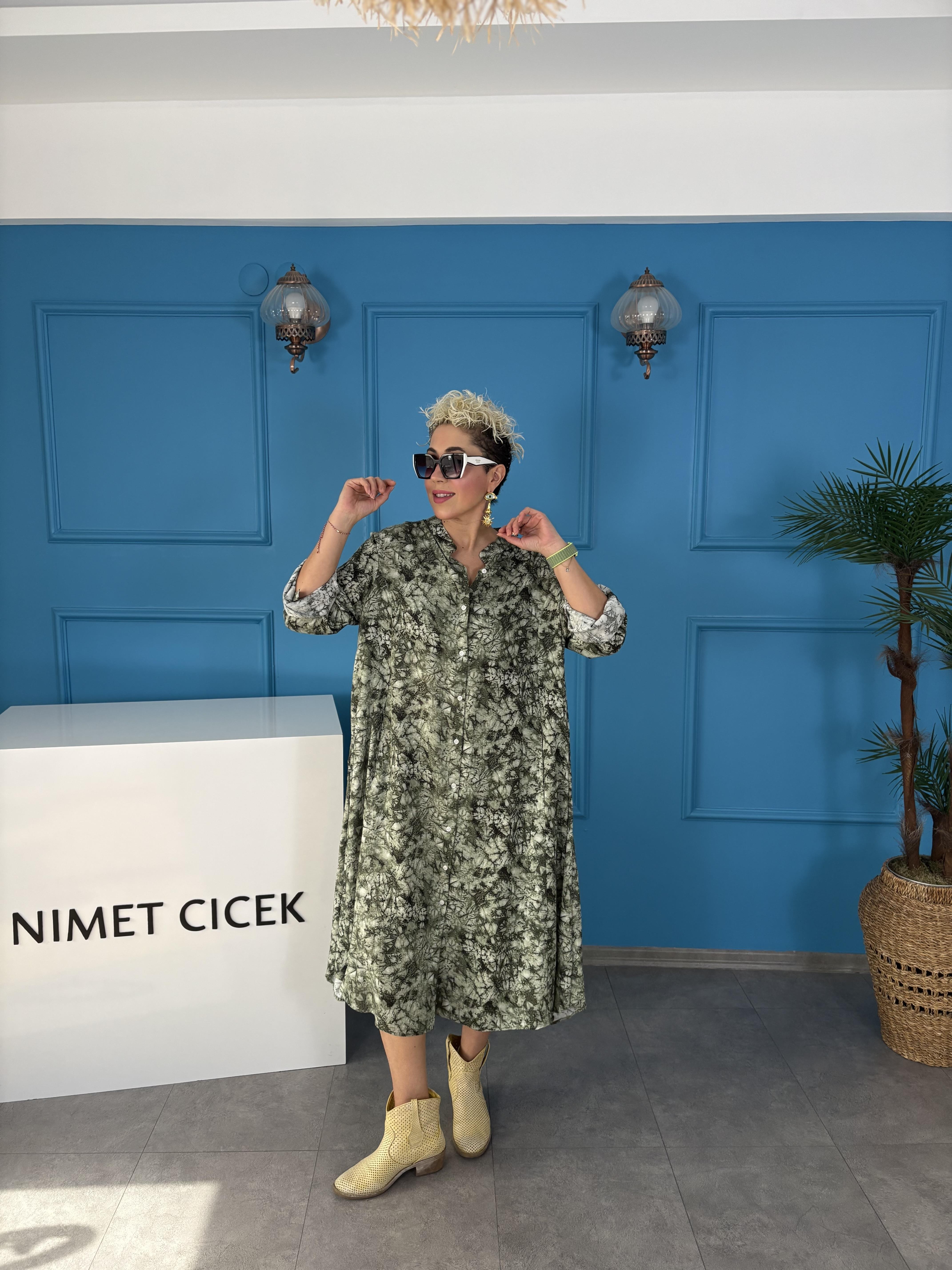 Karışık Desenli Haki Gömlek Elbise