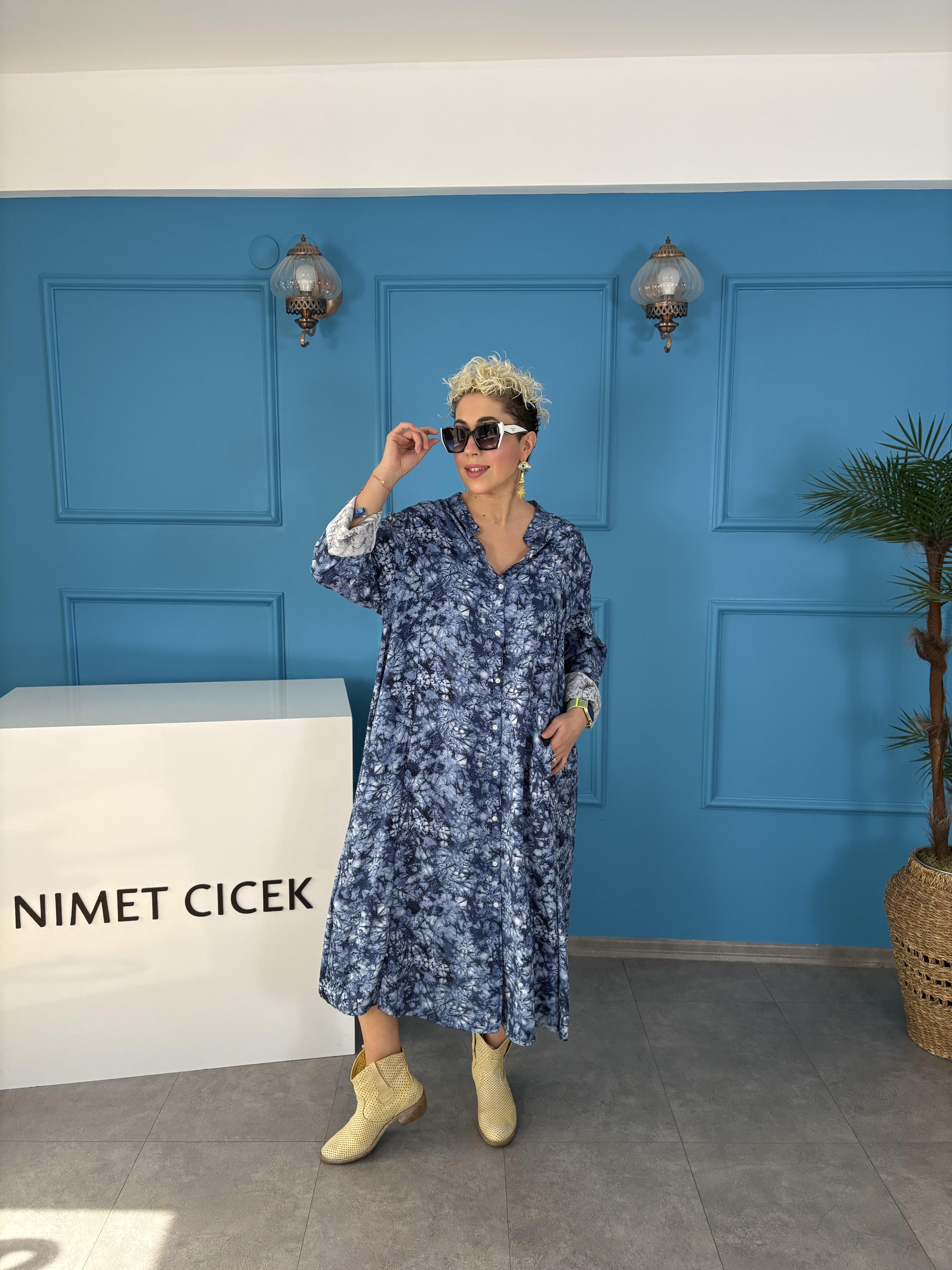 Karışık Desenli Mavi Gömlek Elbise