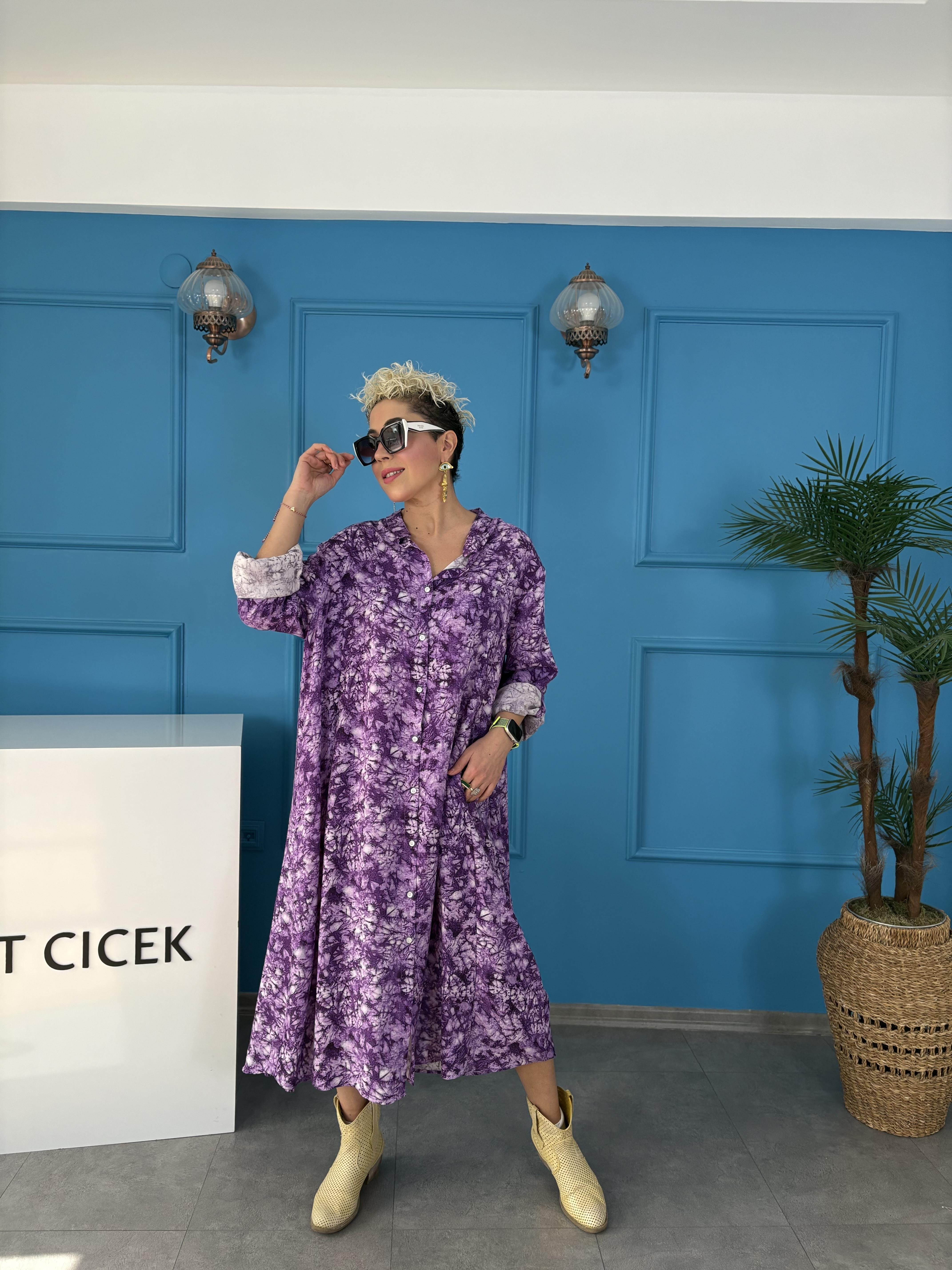 Karışık Desenli Mor Gömlek Elbise