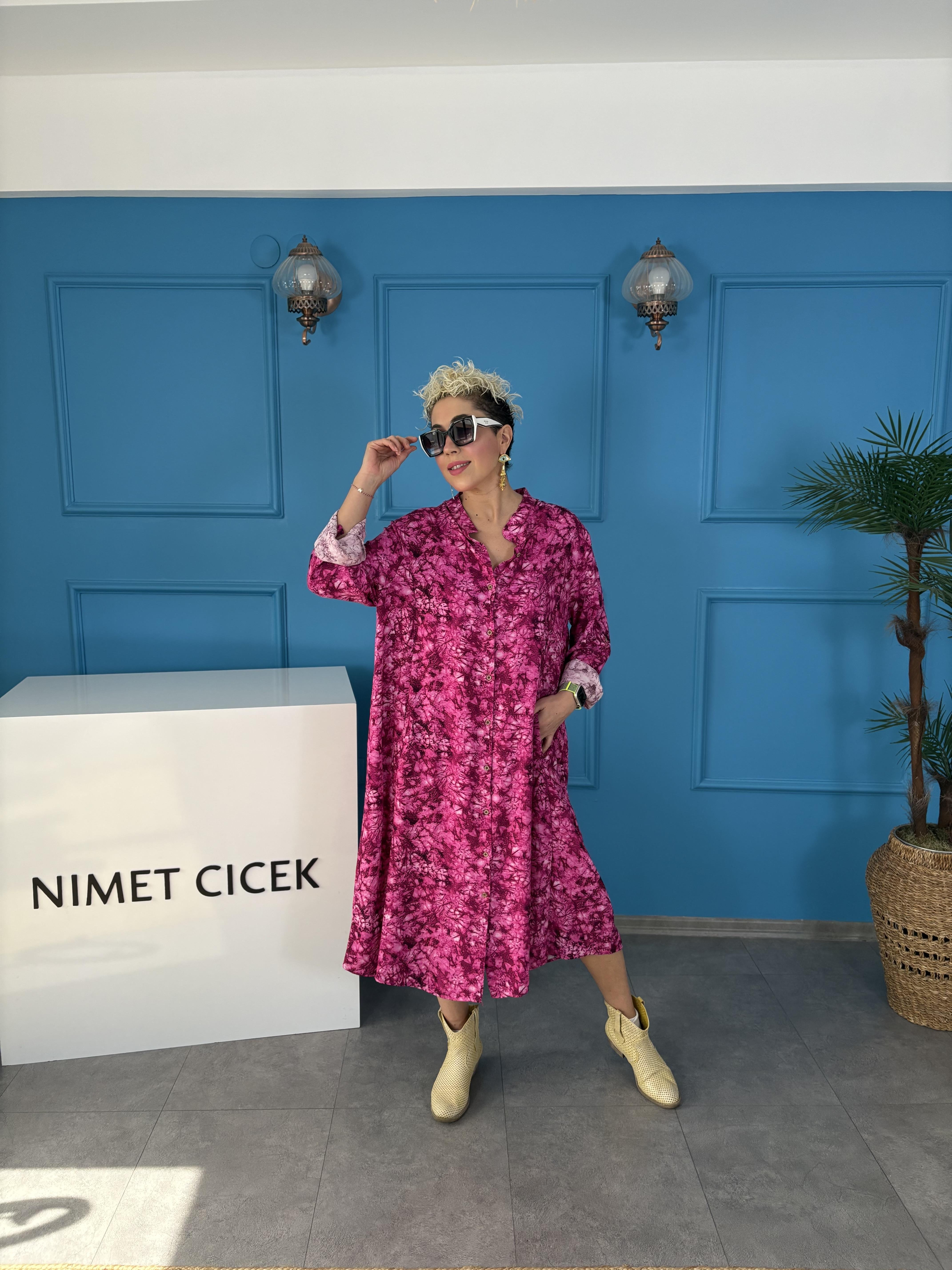 Karışık Desenli Pembe Gömlek Elbise