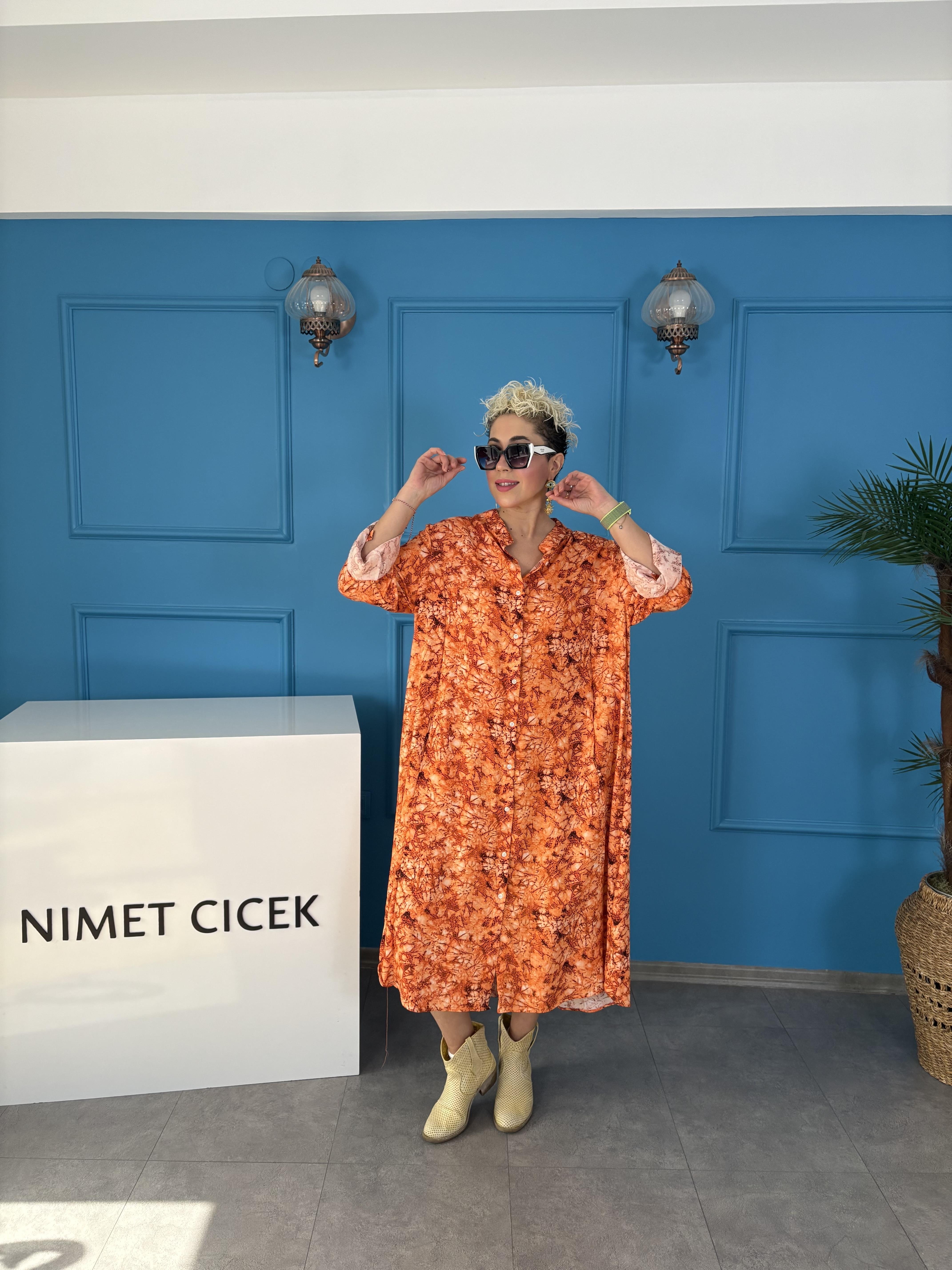 Karışık Desenli Turuncu Gömlek Elbise