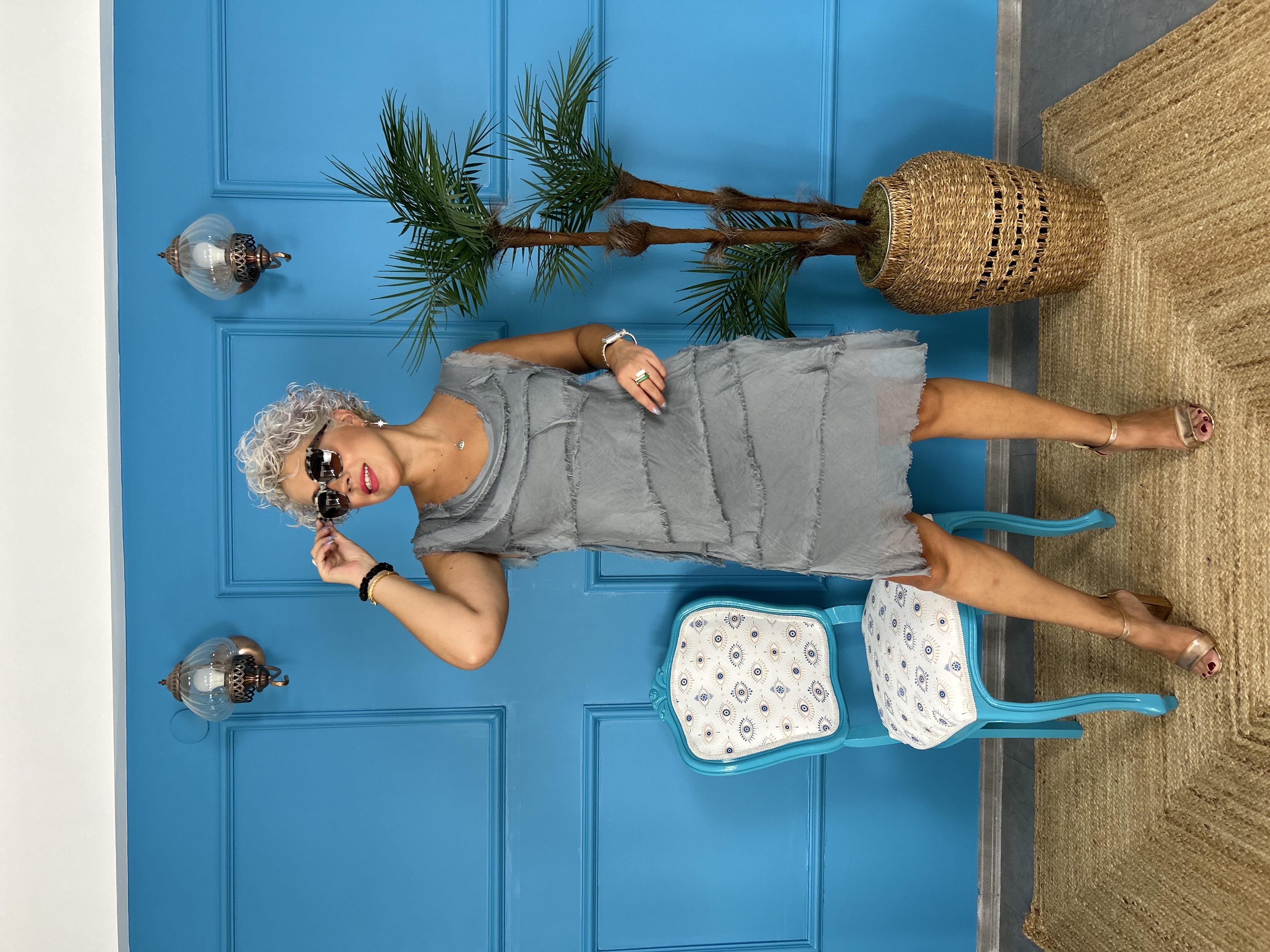 Kat Kat Gri Kısa İpek Elbise