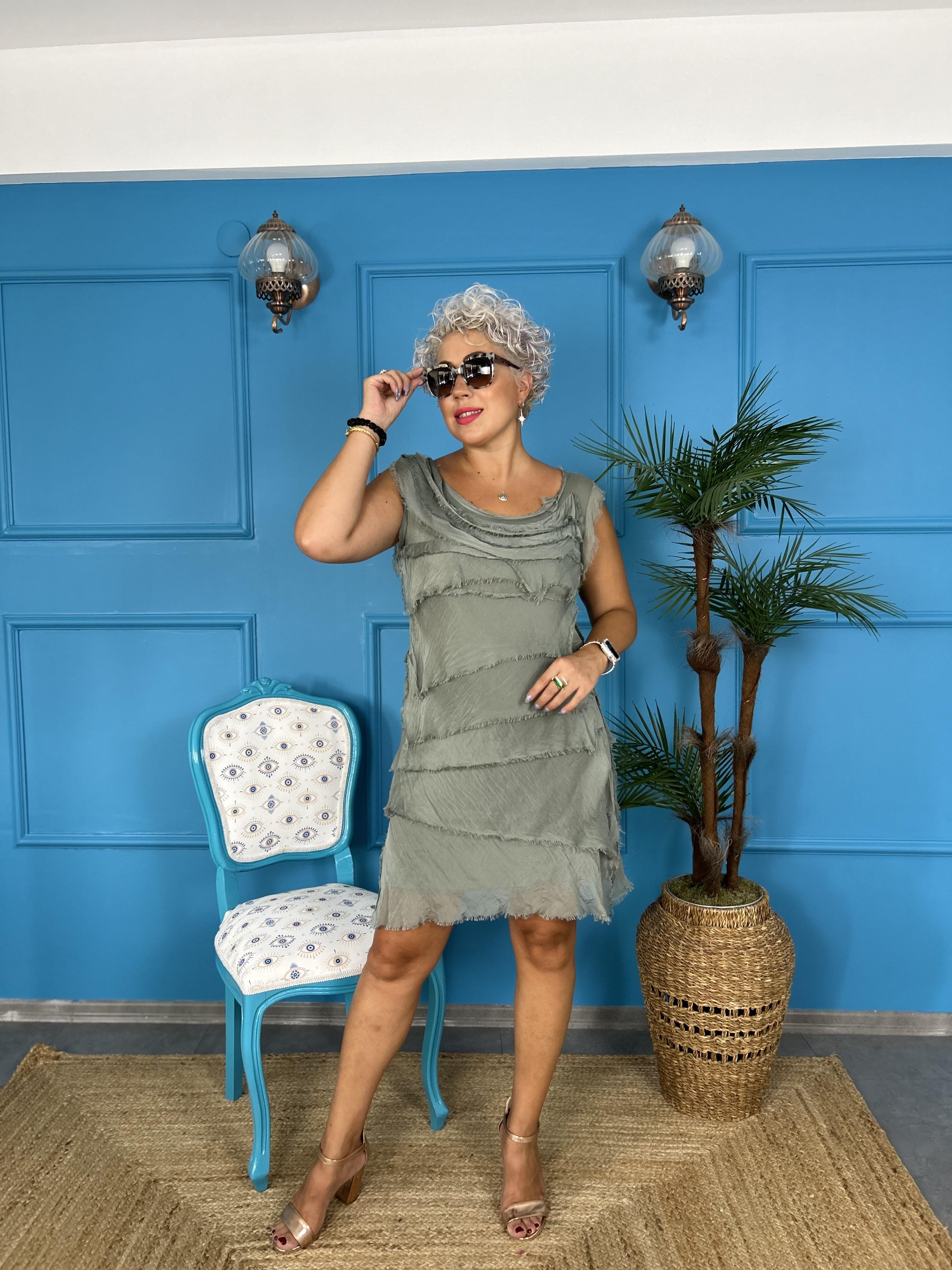 Kat Kat Haki Kısa İpek Elbise