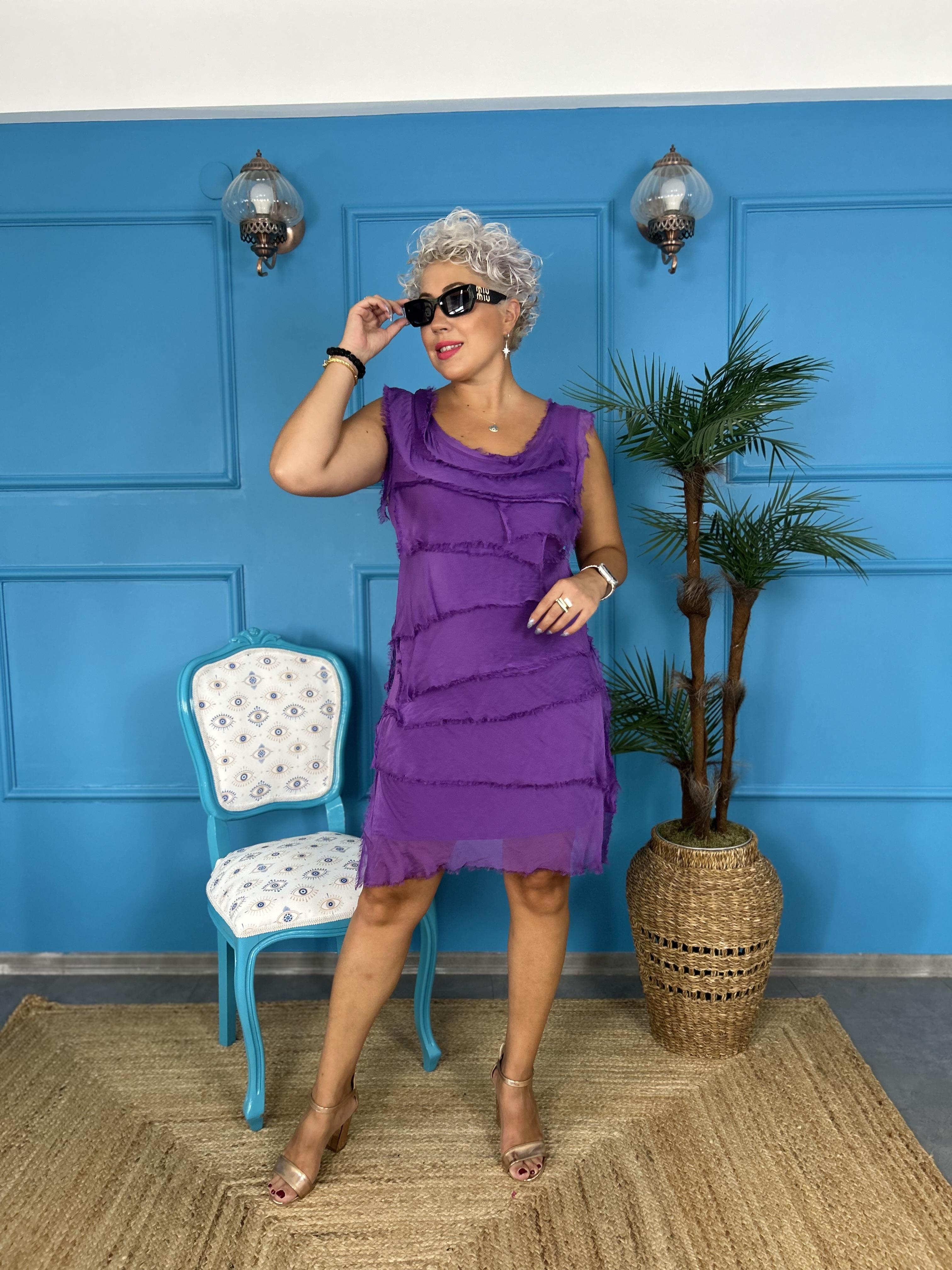 Kat Kat Mor Kısa İpek Elbise