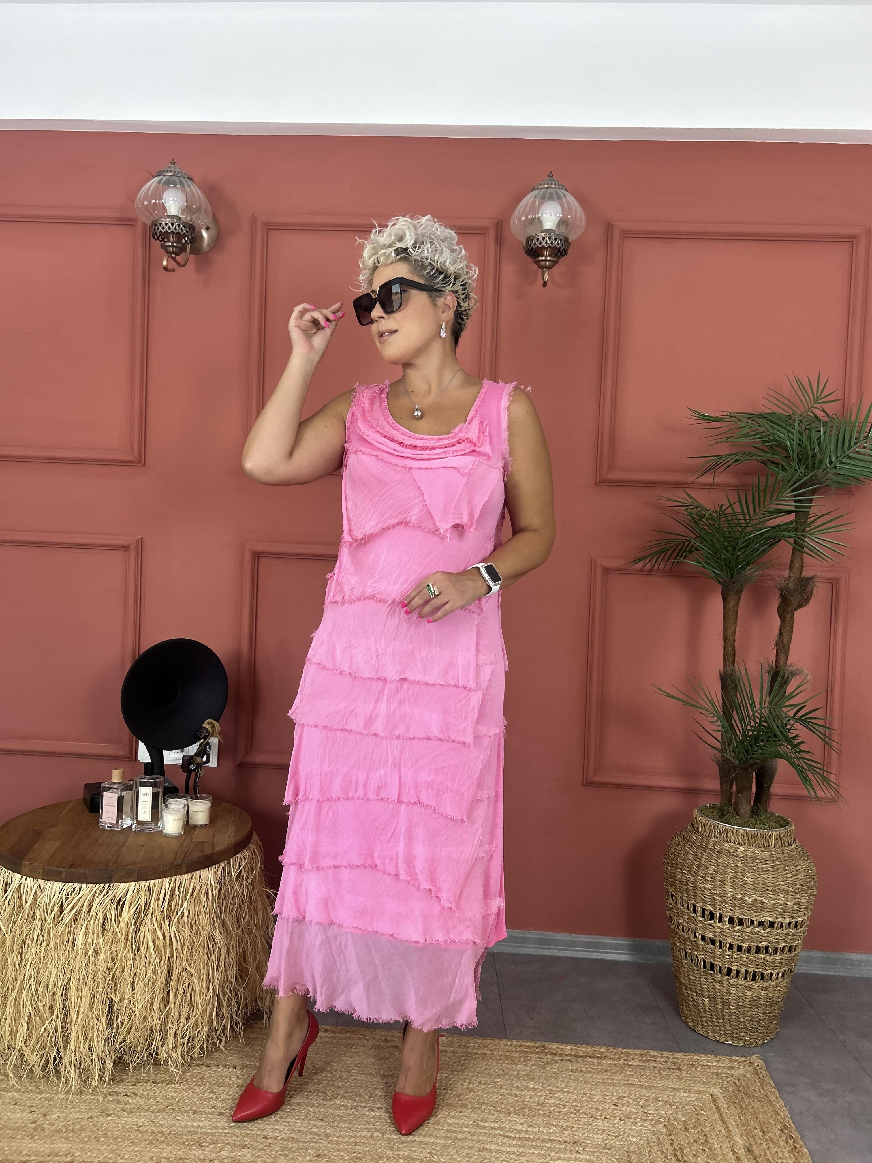 Kat Kat Pembe İpek Elbise