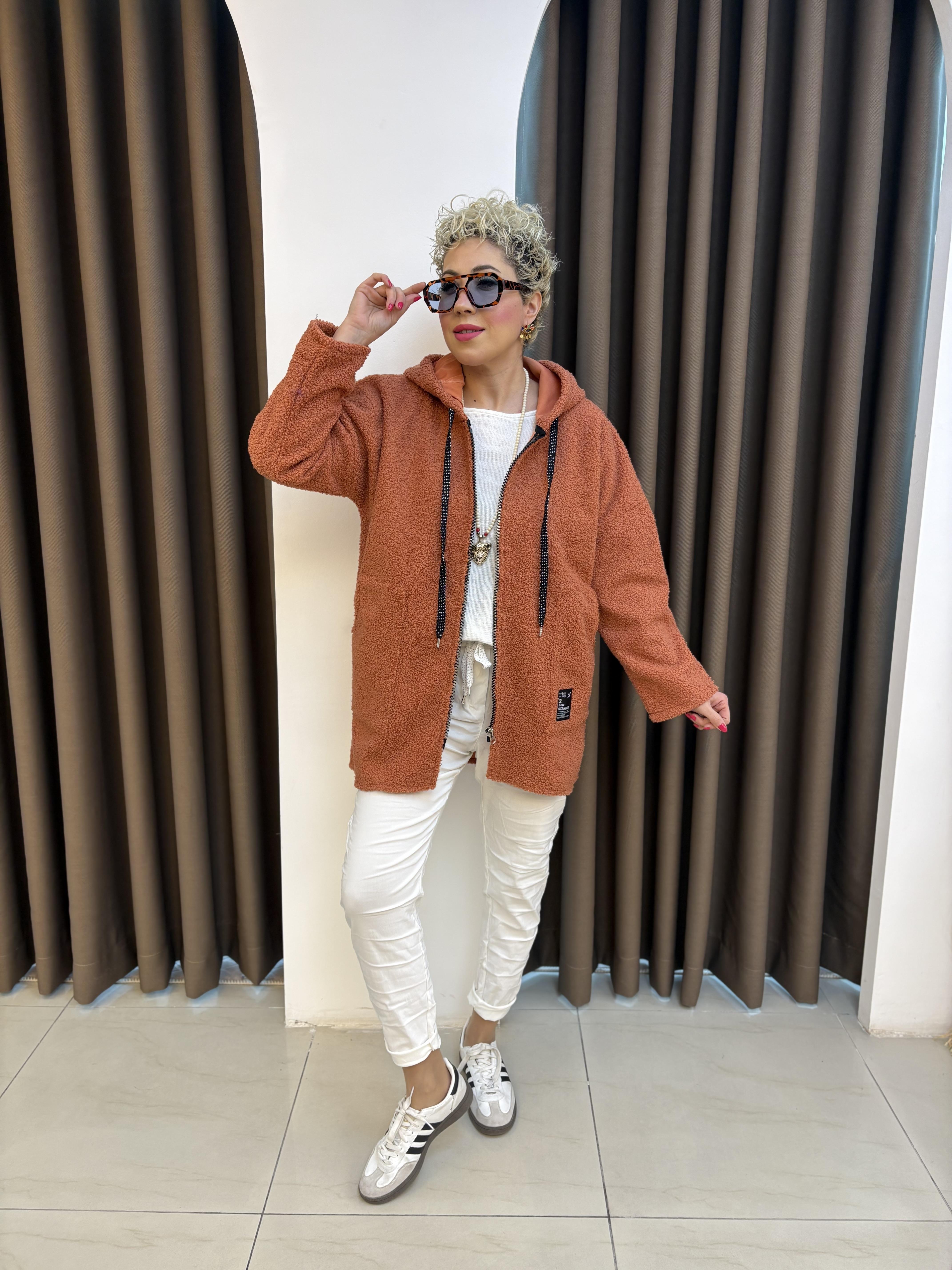 Kiremit Kapşonlu Buklet Ceket