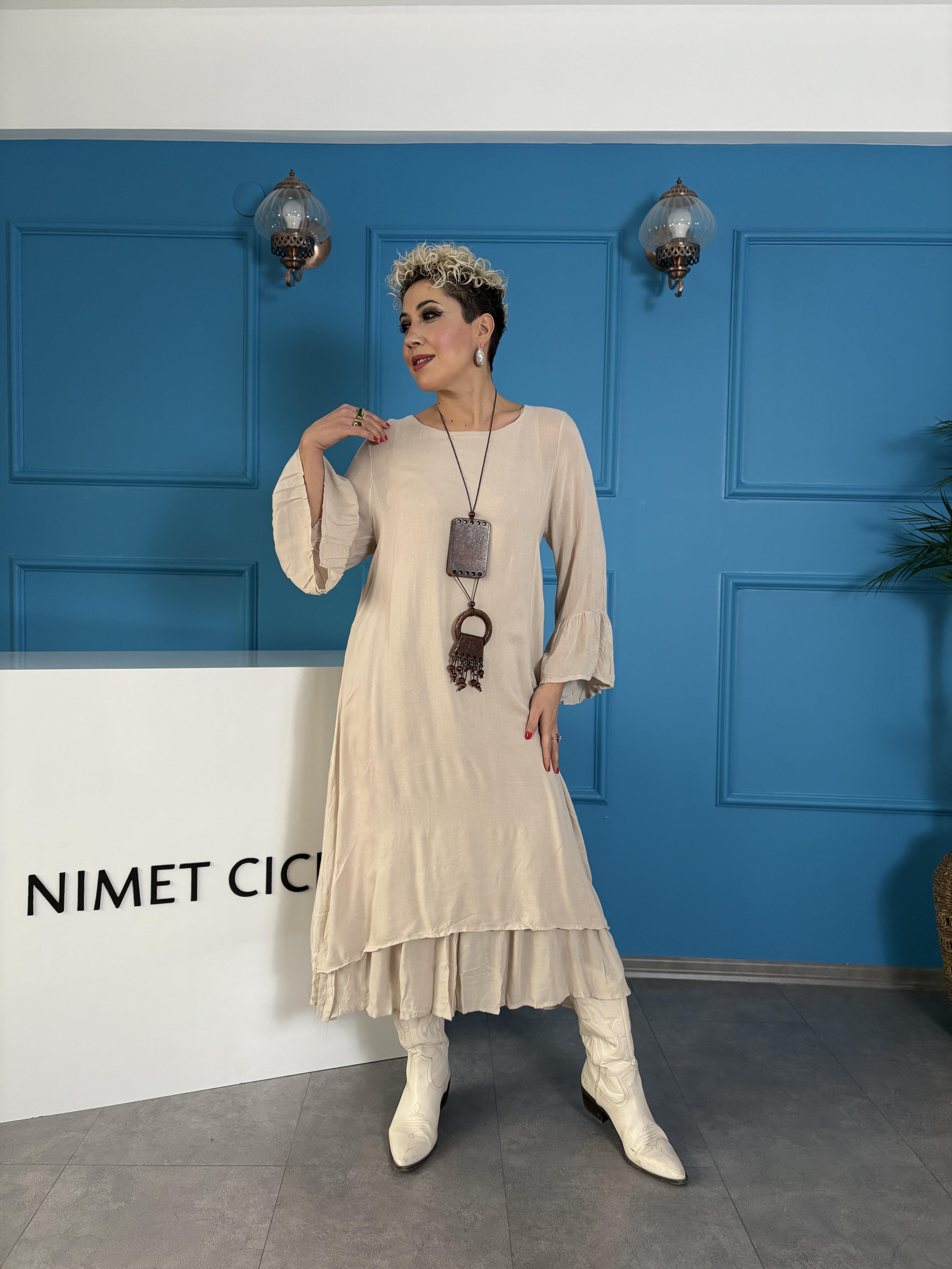 Kolyeli Uzun Krem Bohem Elbise