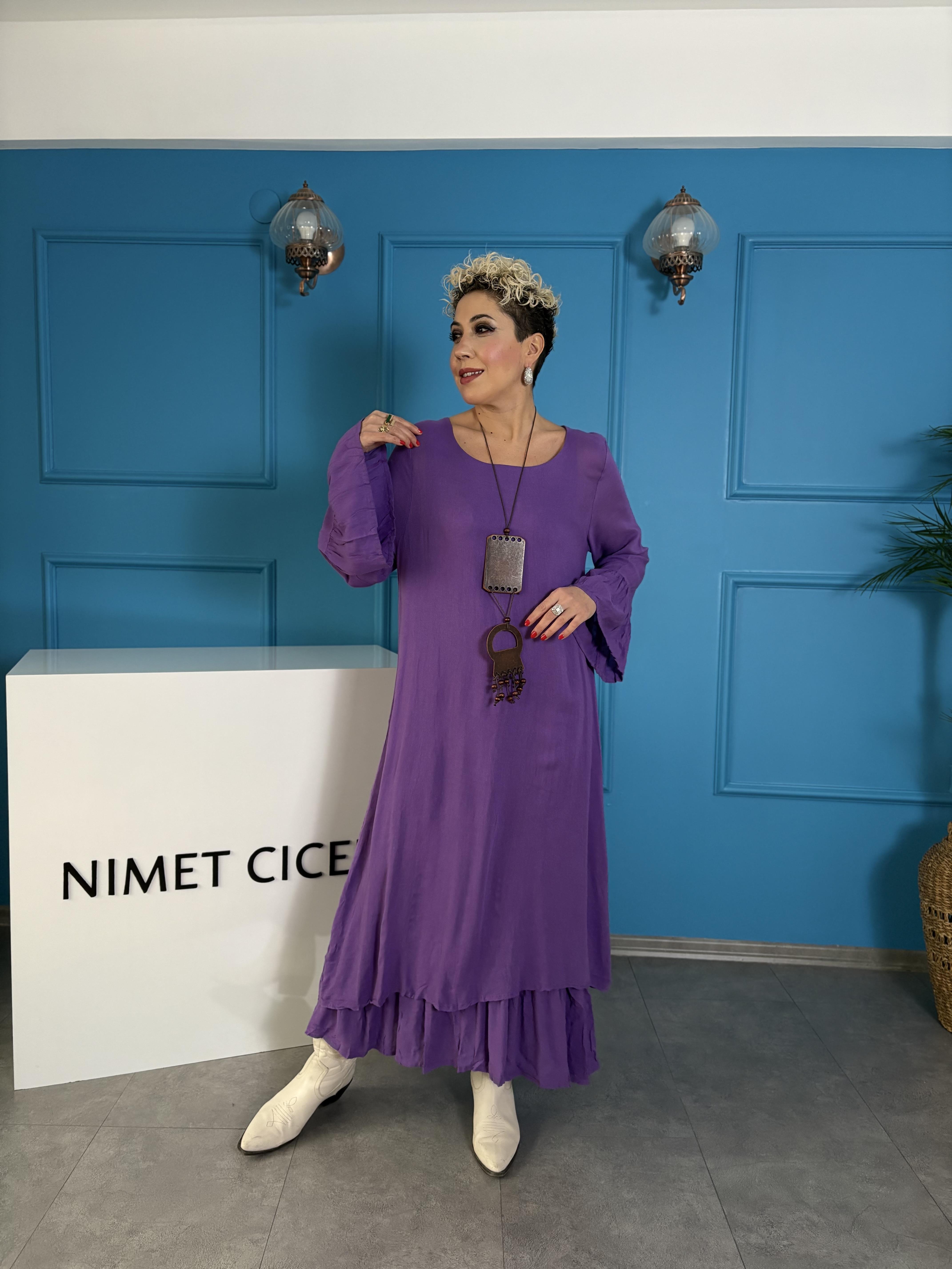 Kolyeli Uzun Mor Bohem Elbise