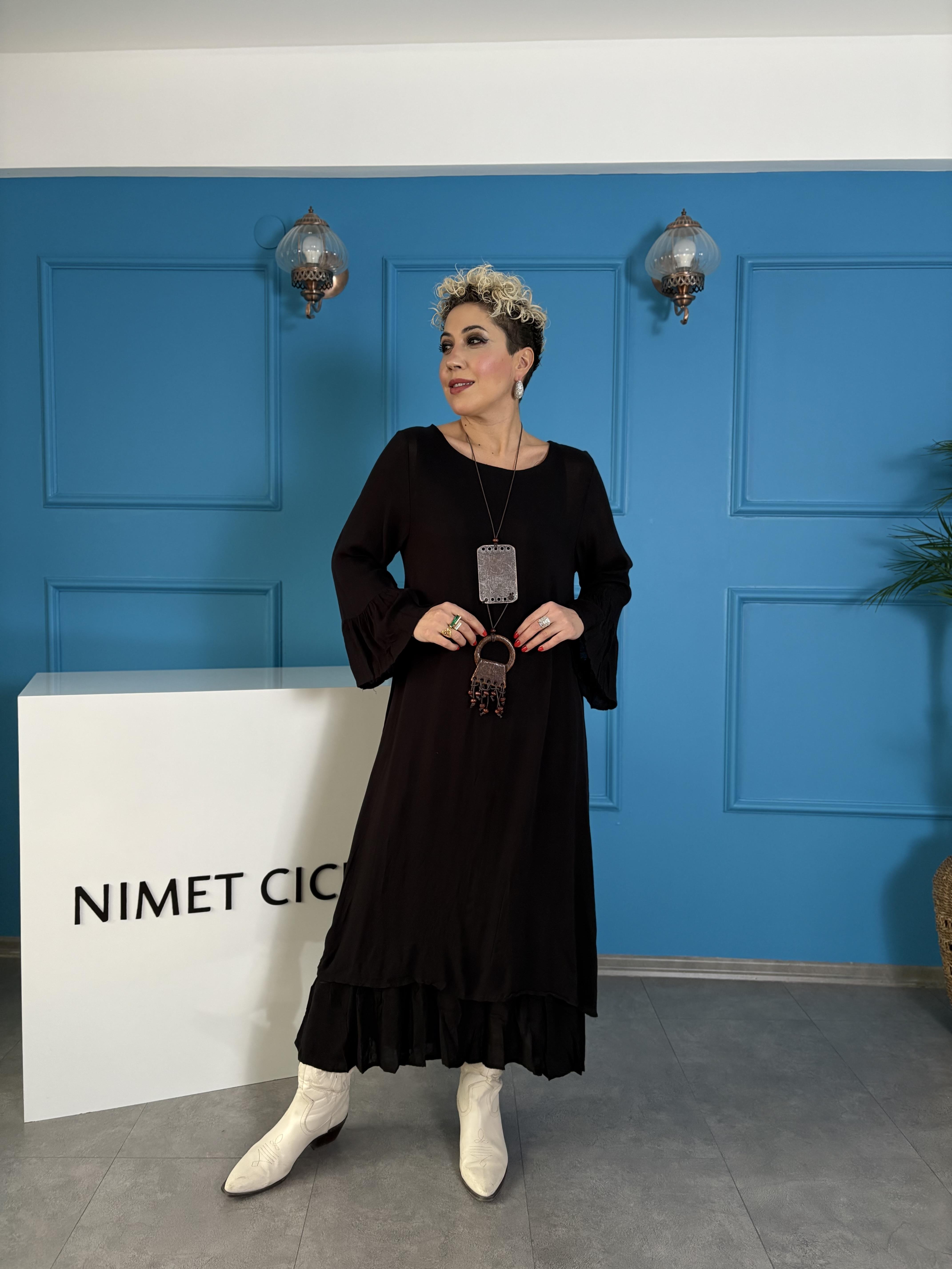 Kolyeli Uzun Siyah Bohem Elbise