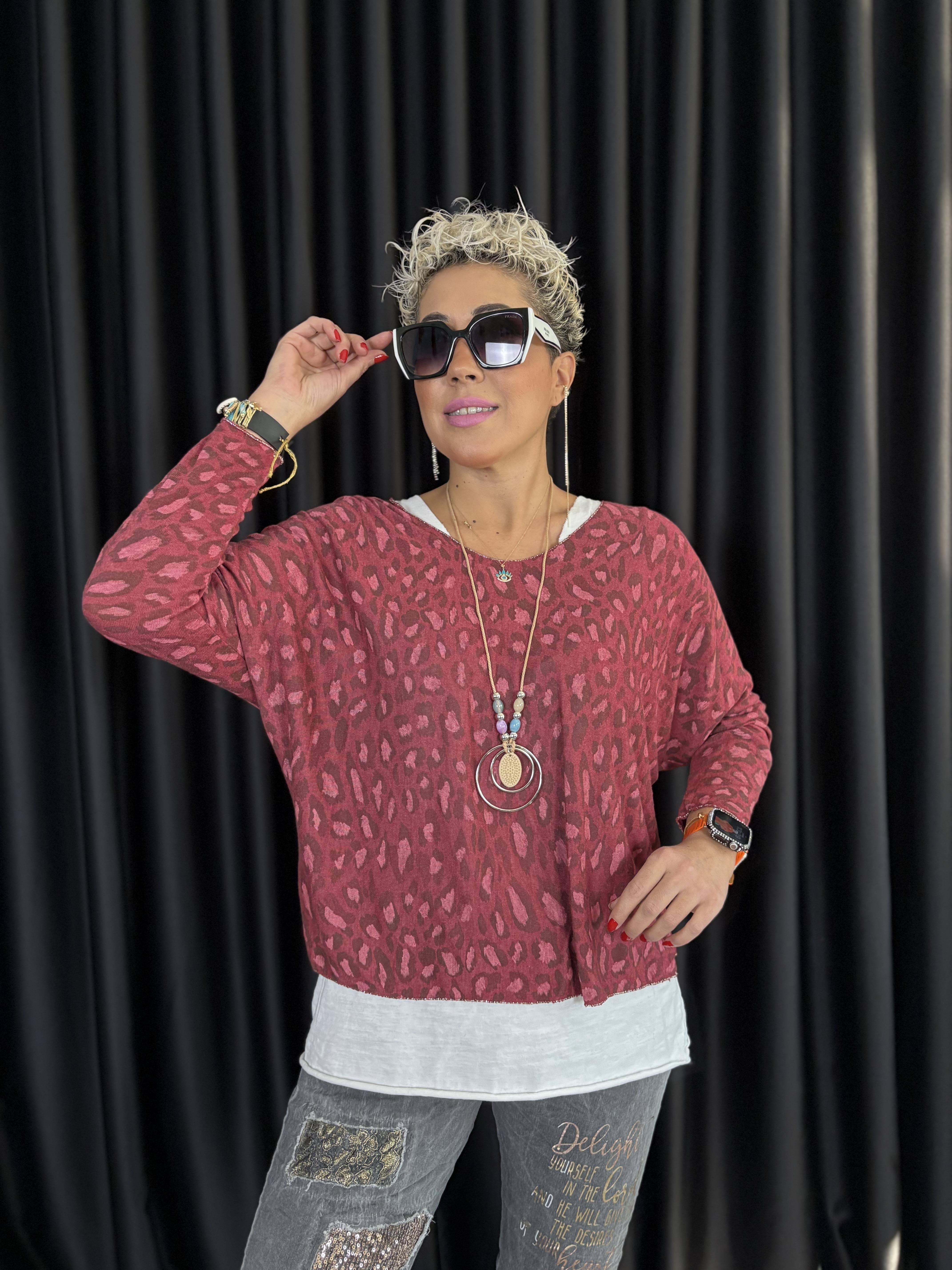 Leopar Desen Kolyeli İtalyan Bordo İkili Bluz