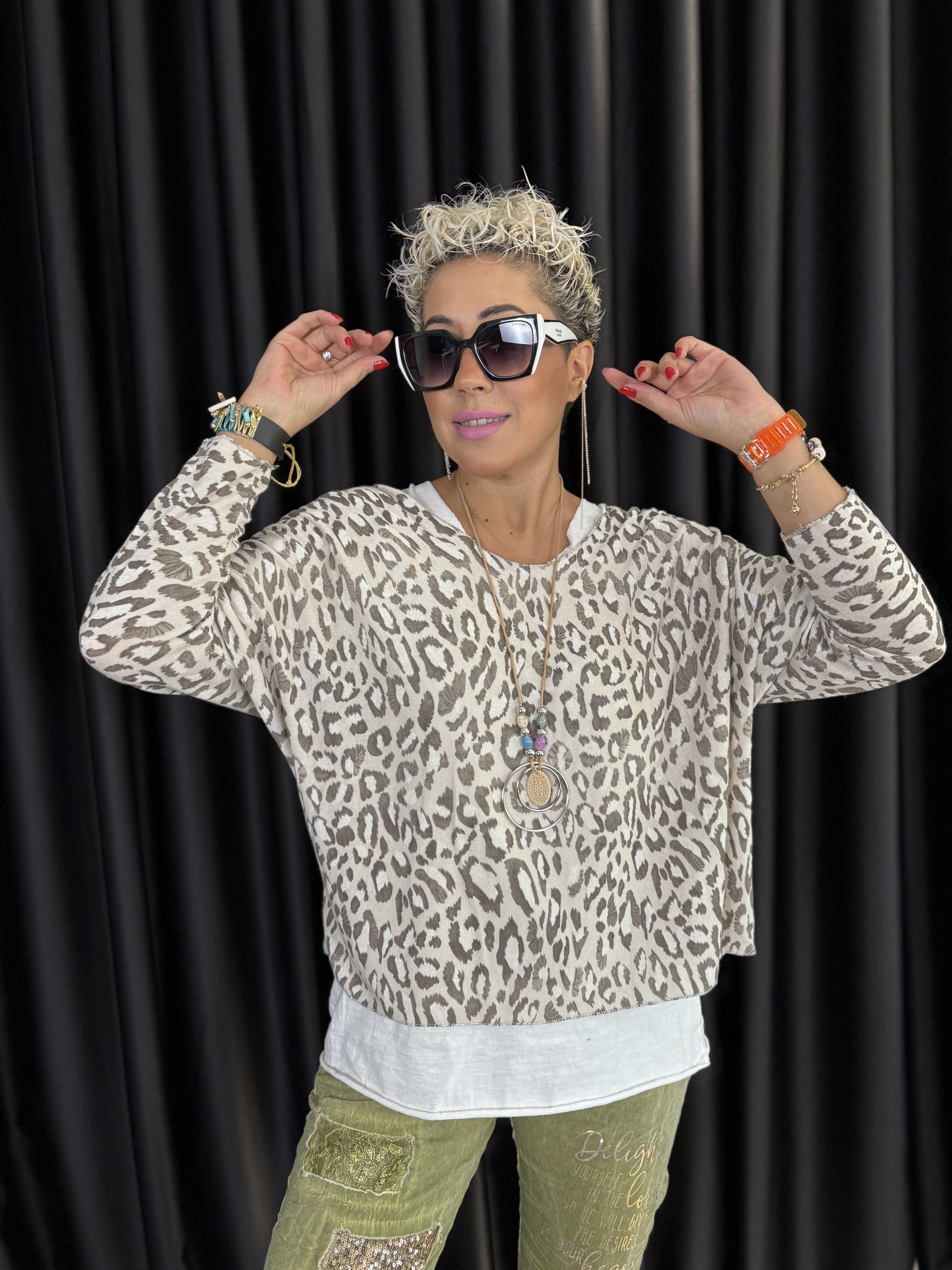 Leopar Desen Kolyeli İtalyan Ekru İkili Bluz