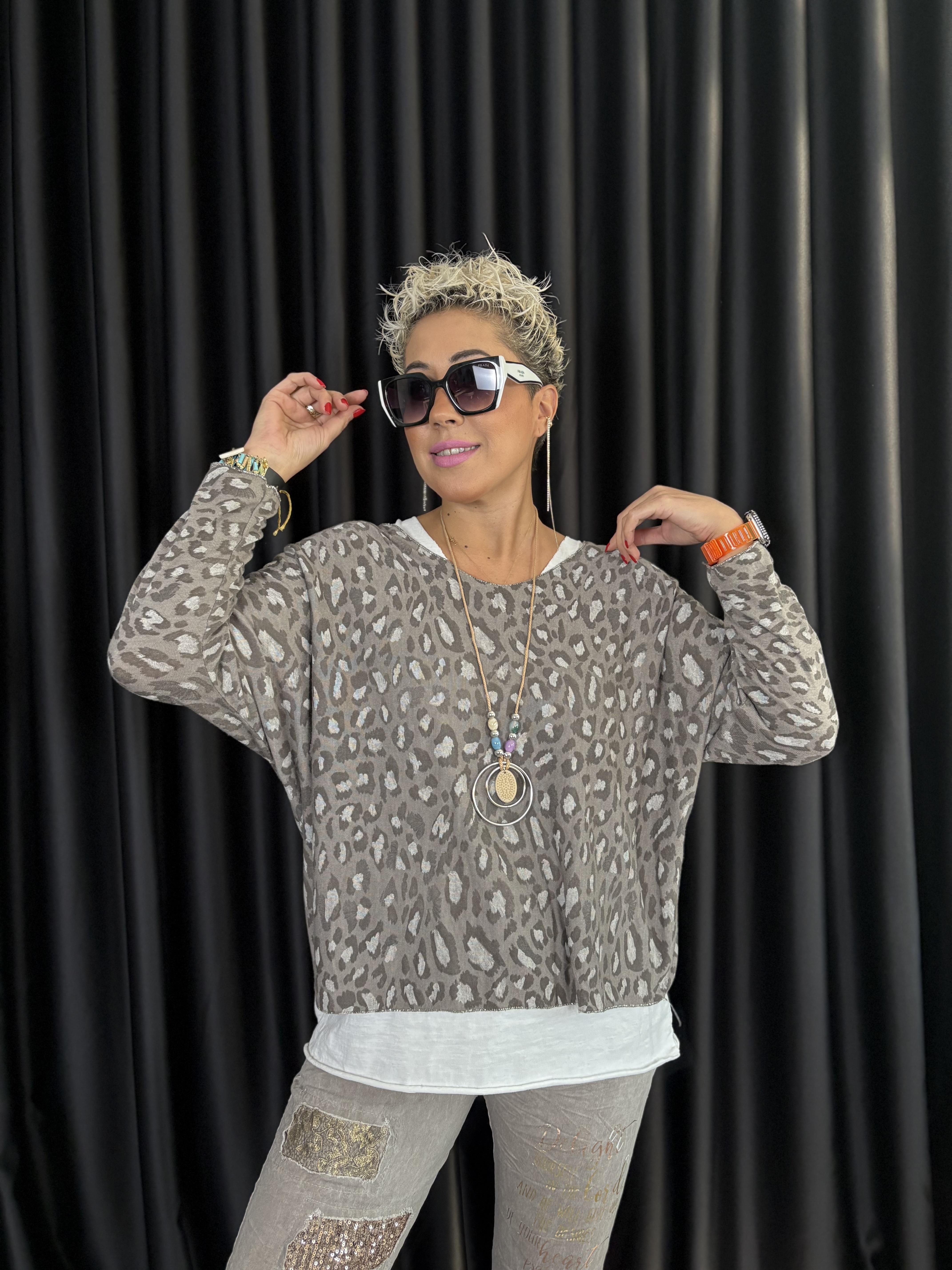 Leopar Desen Kolyeli İtalyan Vizon İkili Bluz