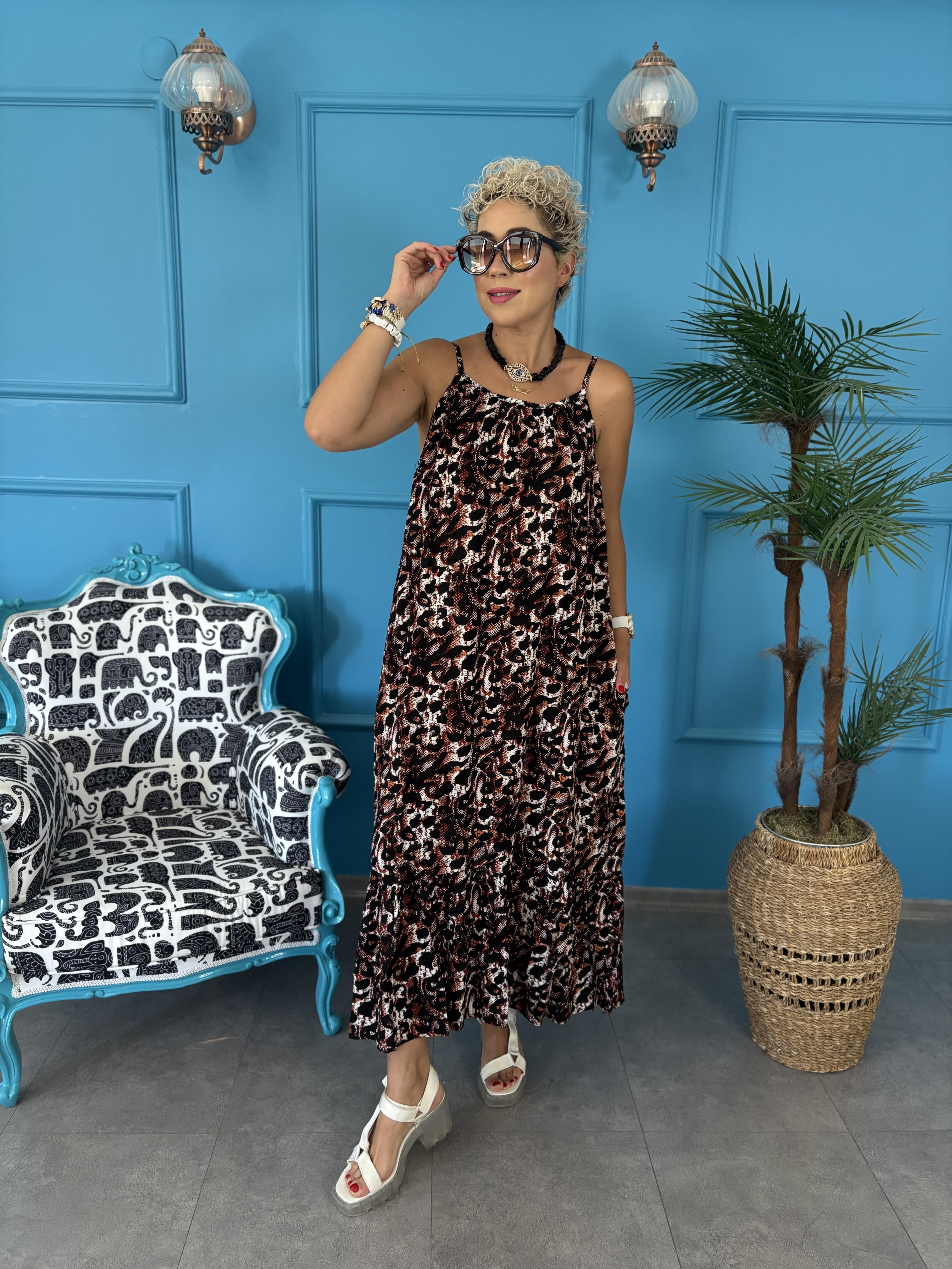 Leopar Desen Uzun Askılı Elbise