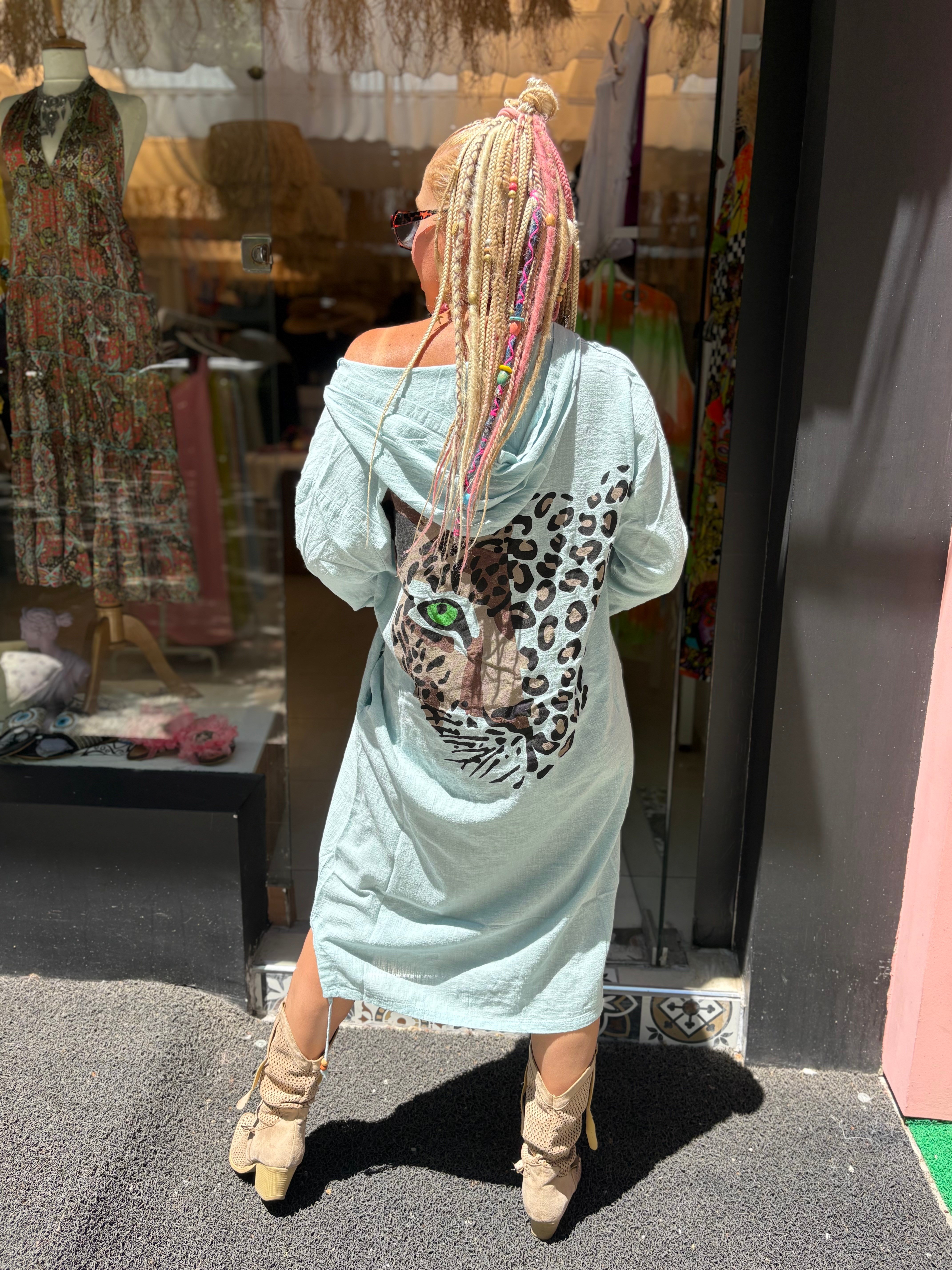 Leopar Detaylı Bebe Mavisi Pamuk Keten Elbise
