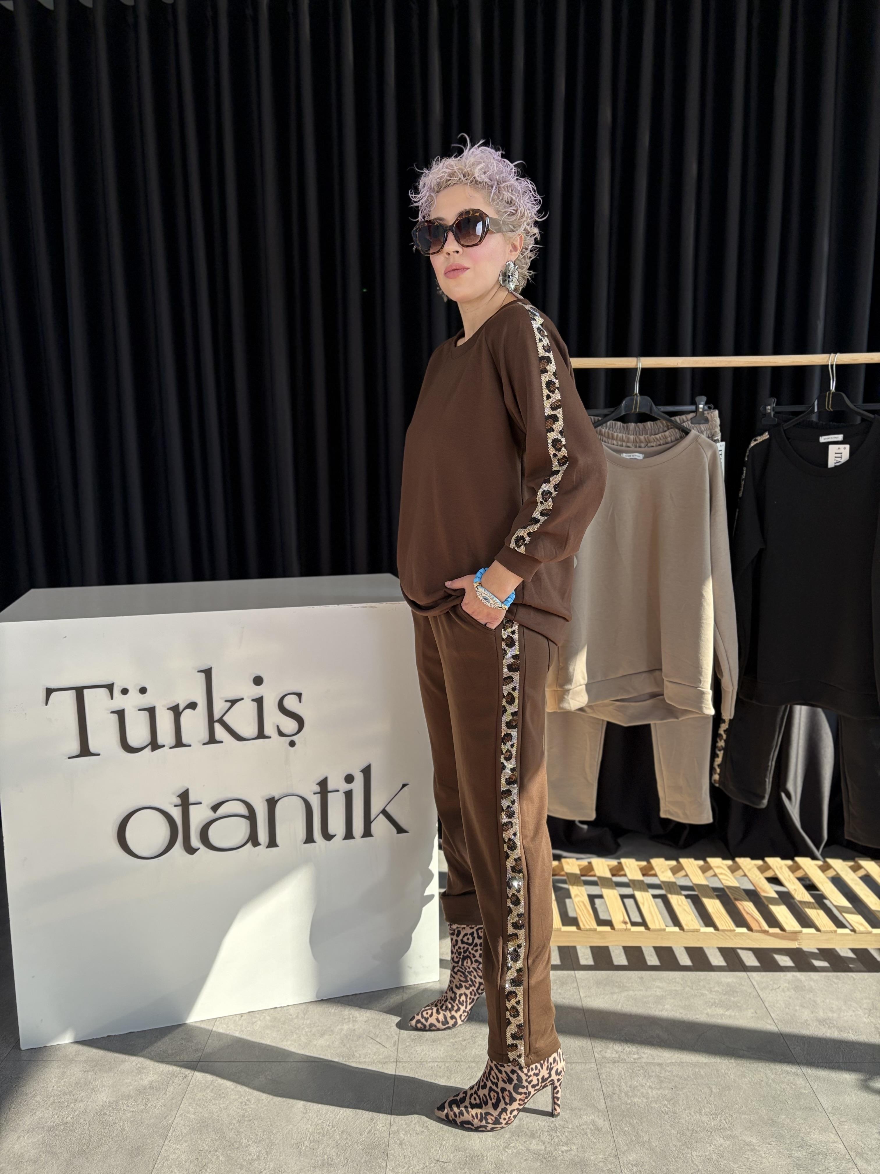 Leopar Taş İşlemeli İthal Kahve Oysho Takım