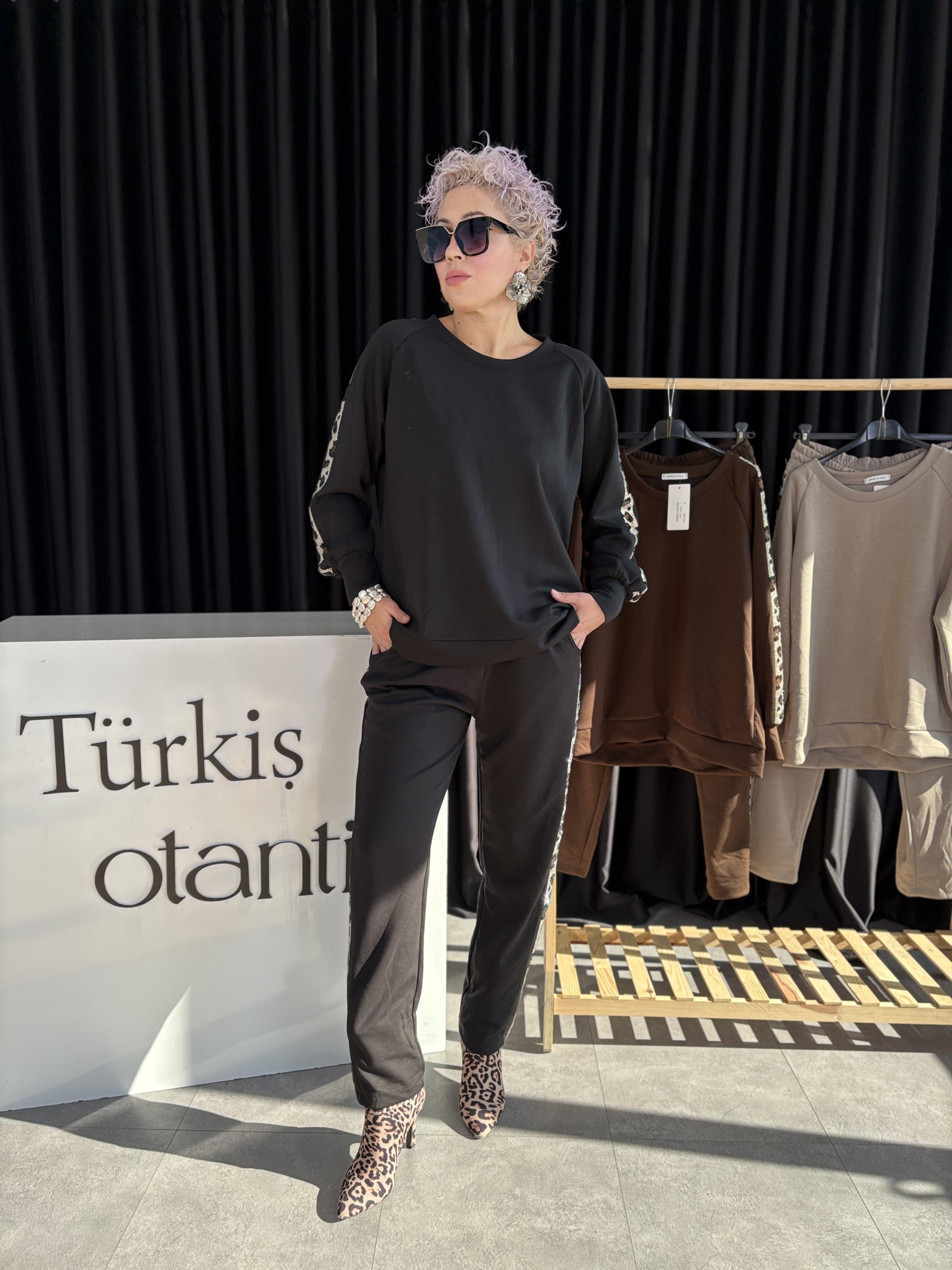 Leopar Taş İşlemeli İthal Siyah Oysho Takım