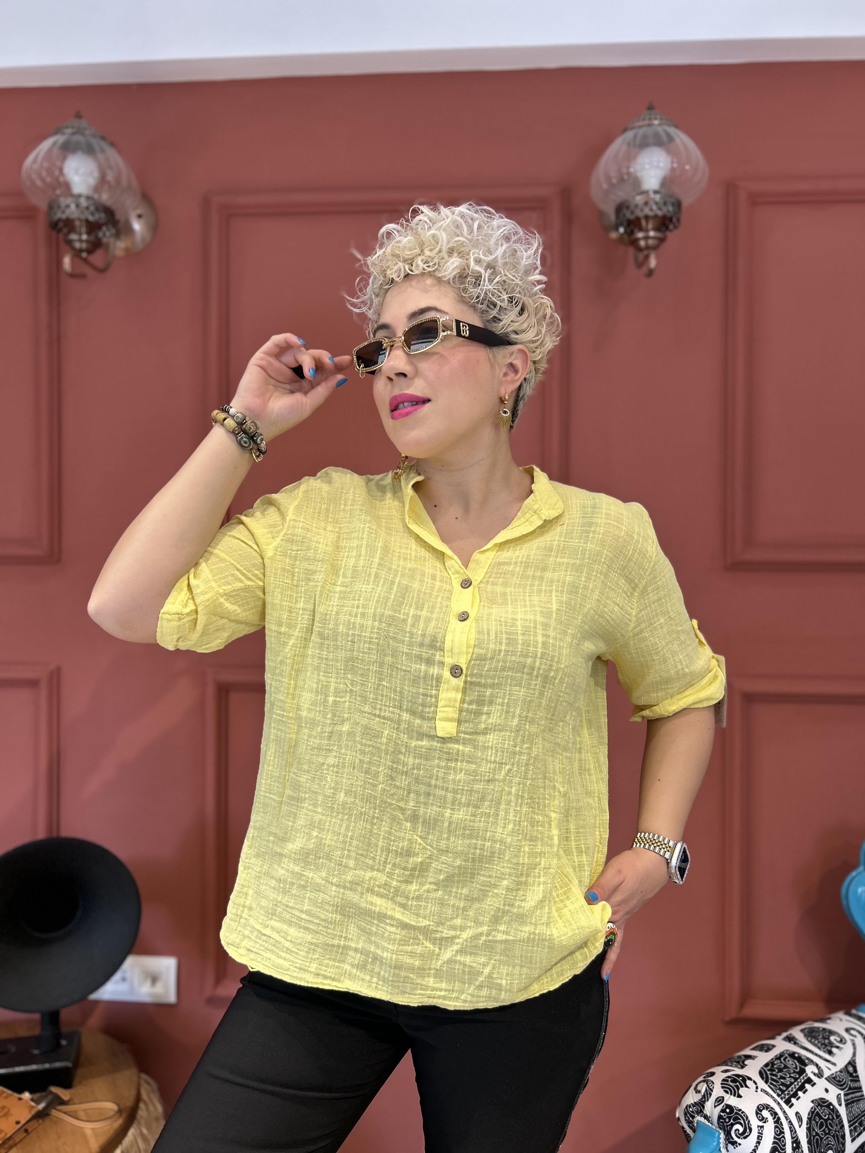 Limon Sarısı Pamuk Keten İtalyan Gömlek