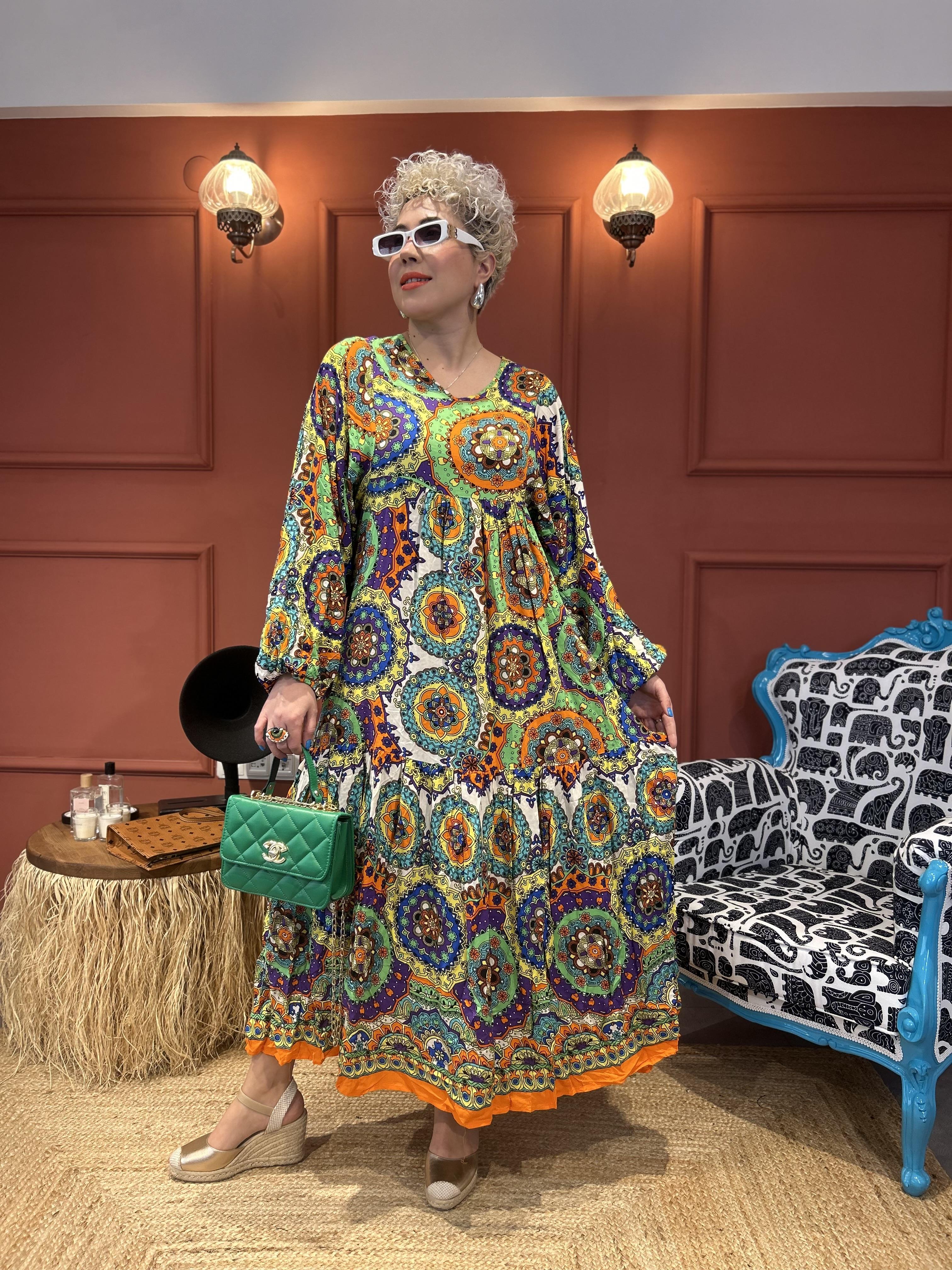 Mandala Desen Turuncu Elbise