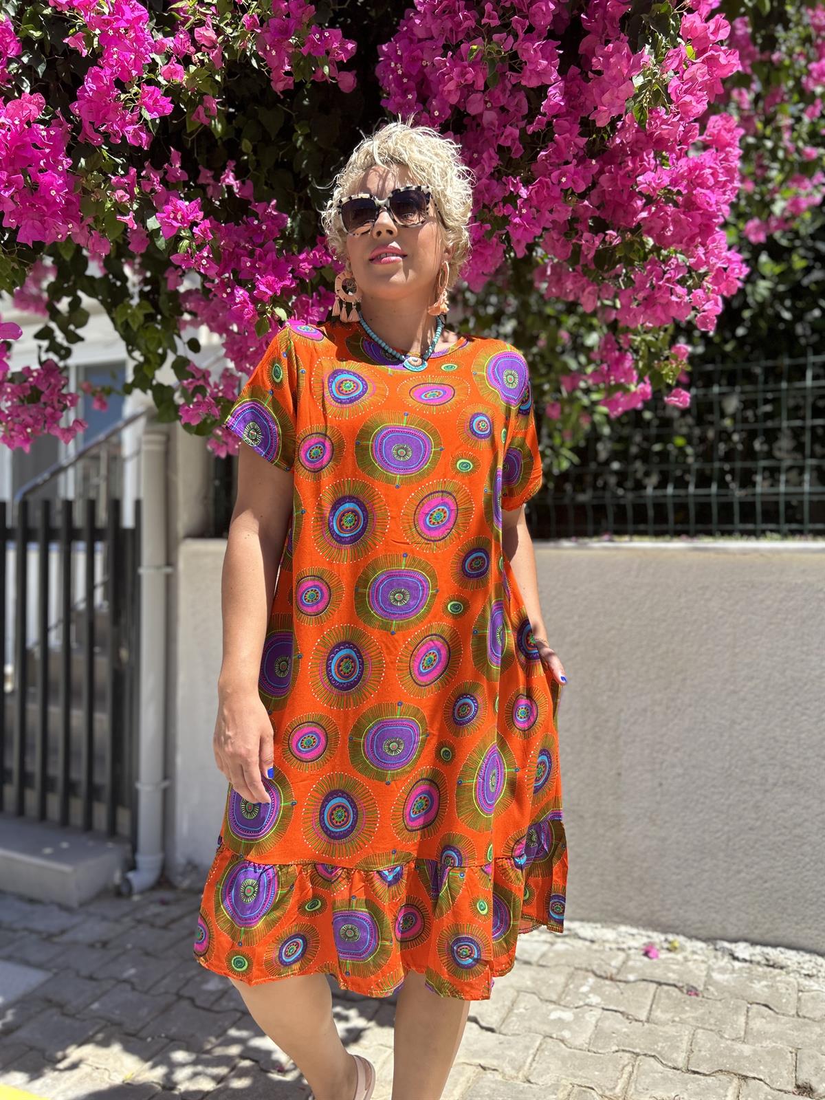 Mandala Desen Turuncu Elbise