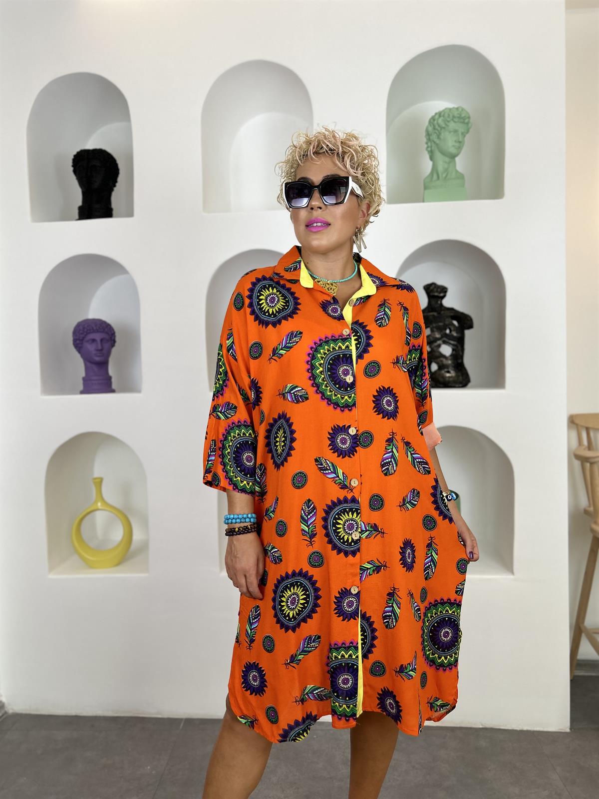 Mandala Desen Turuncu Gömlek Elbise