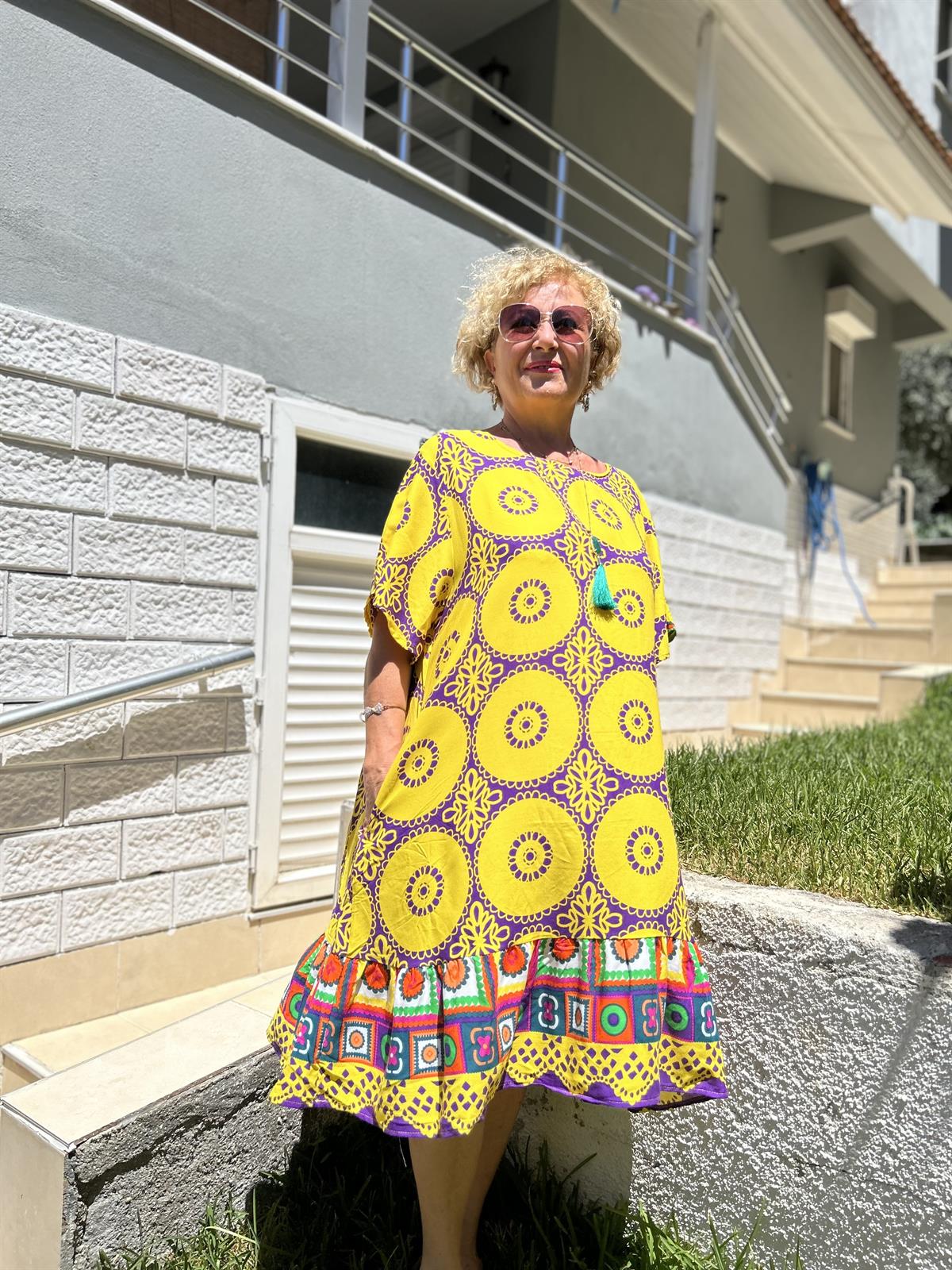 Mandala Desenli Sarı Elbise