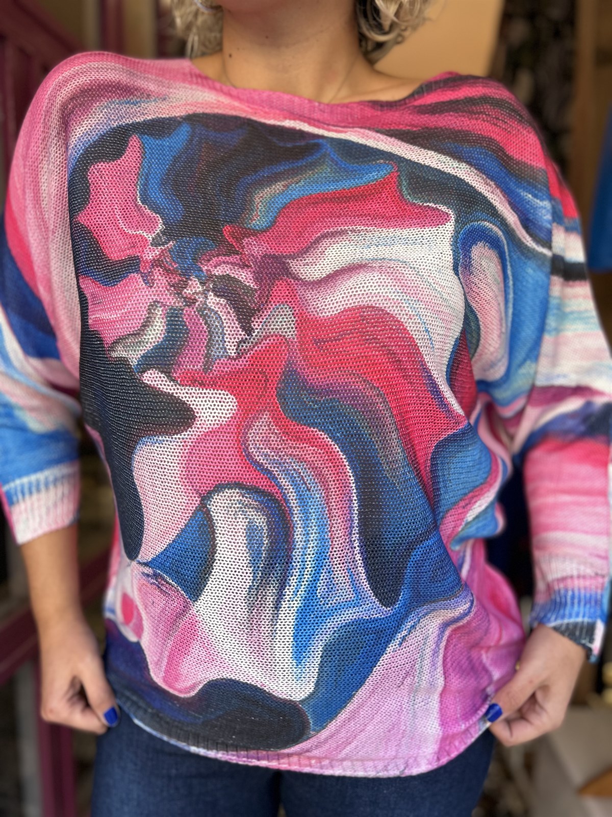 Mavi Pembe Renk Batik  Detaylı İtalyan Triko
