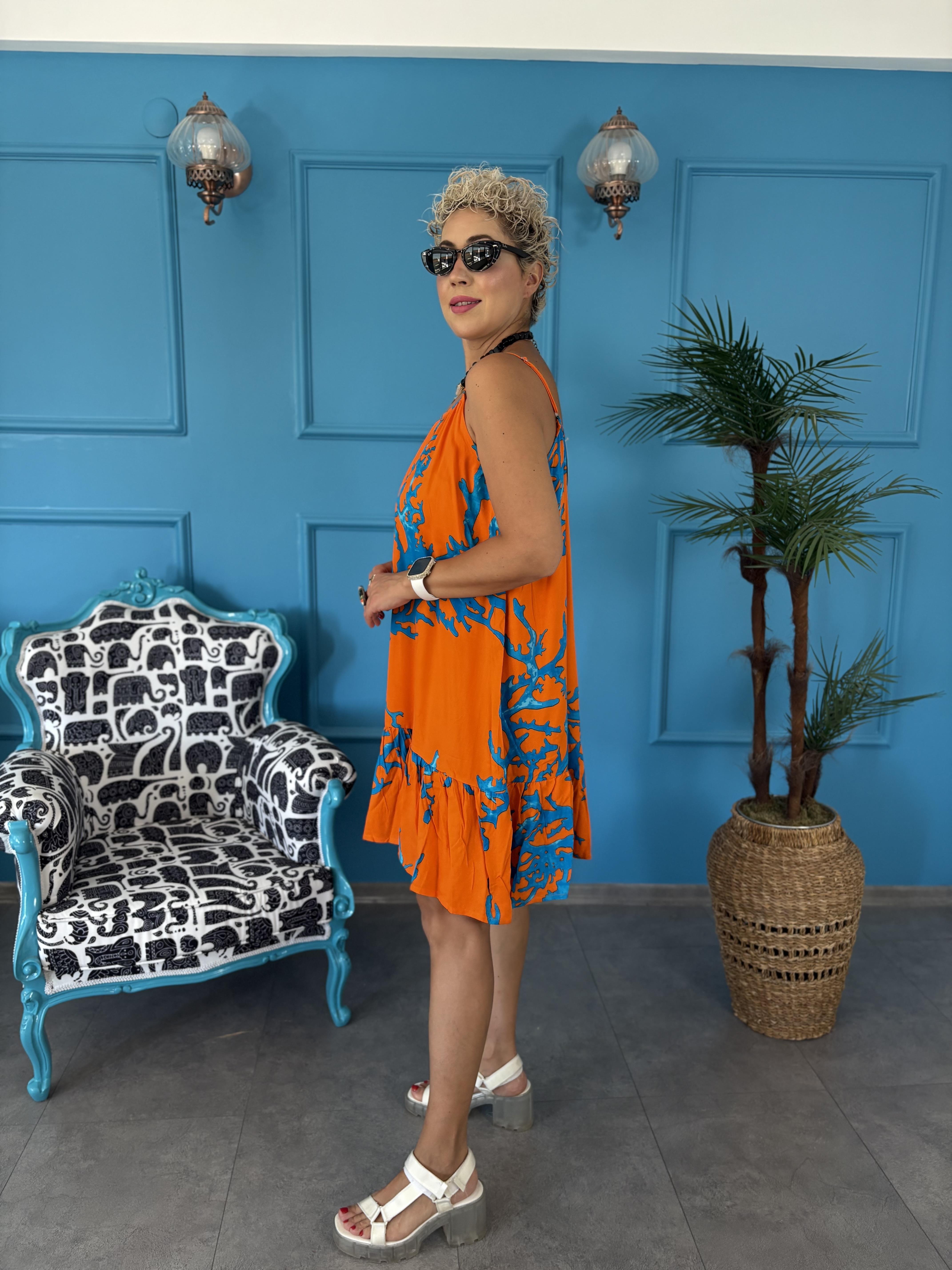 Mercan Desen Kısa Askılı Turuncu Elbise