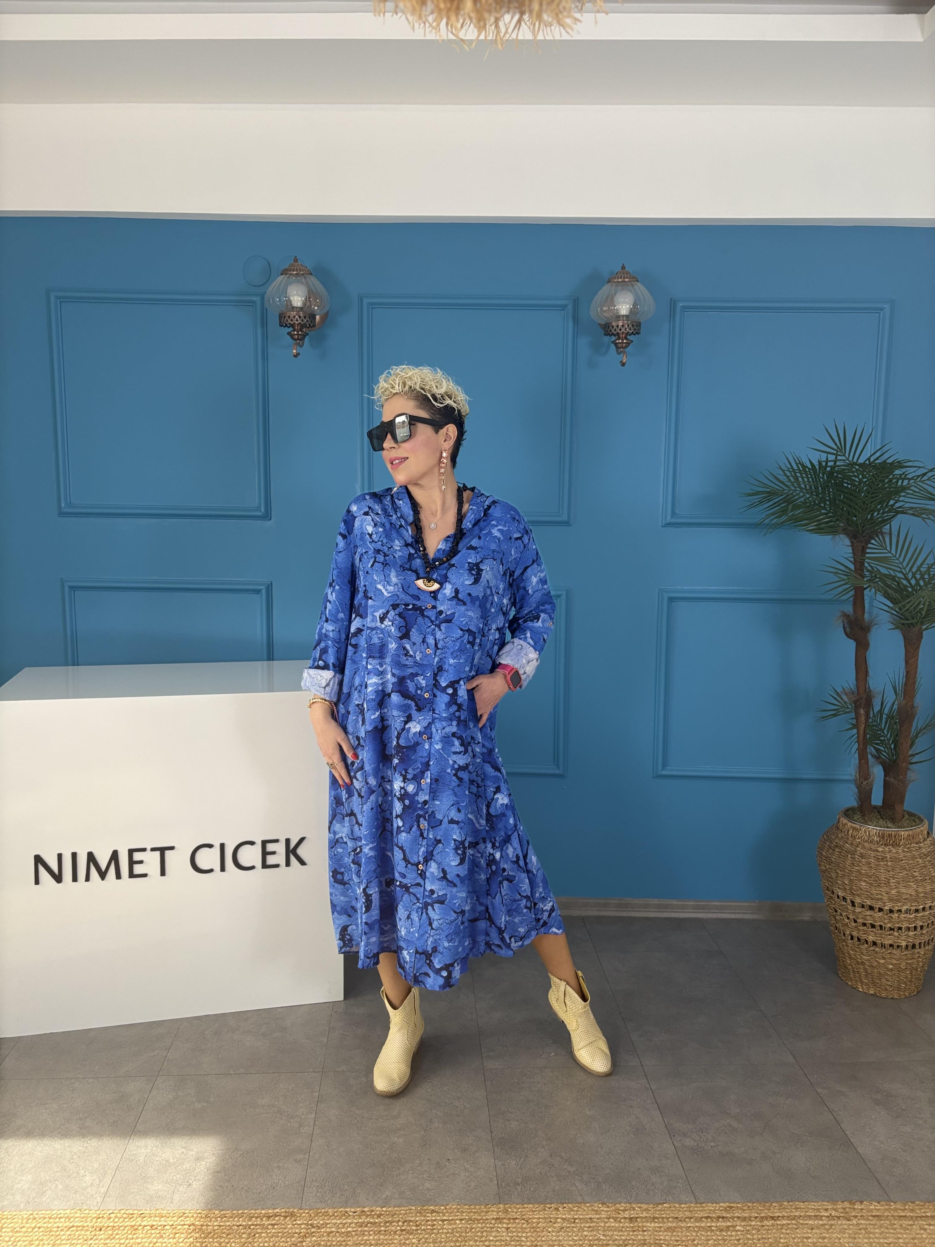 Mercan Desen Mavi Gömlek Elbise