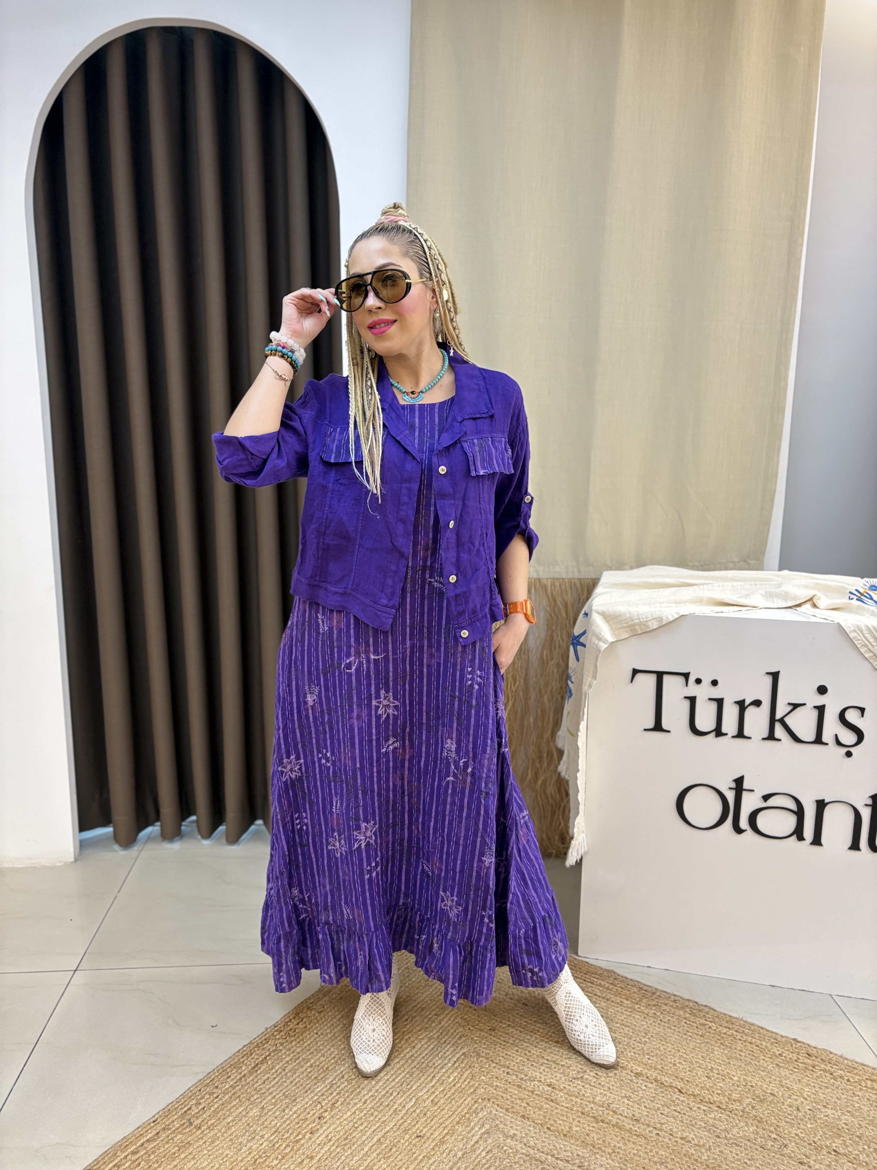 Mor Ham Keten İtalyan Ceketli Elbise
