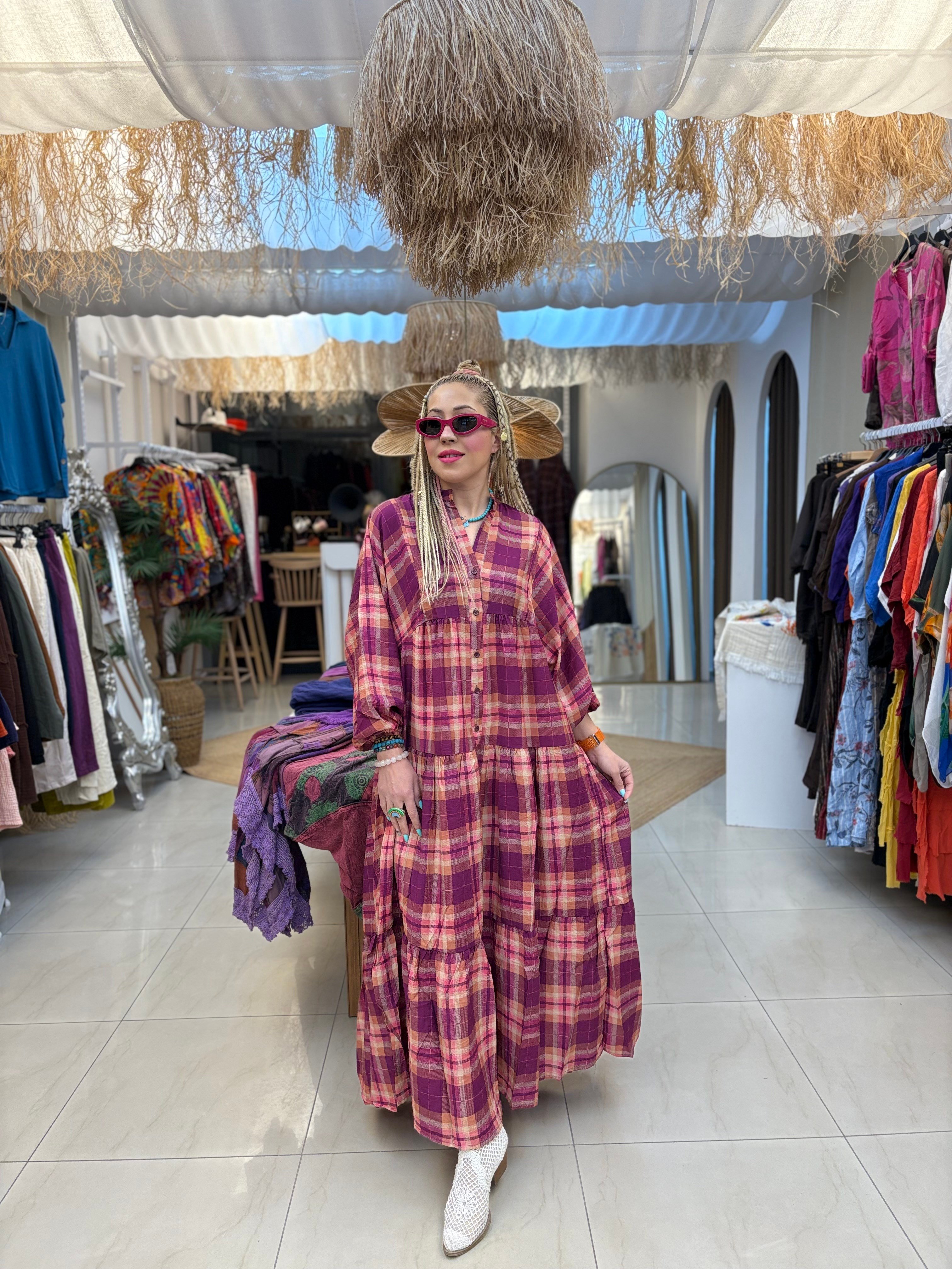 Mürdüm Ekose Elbise