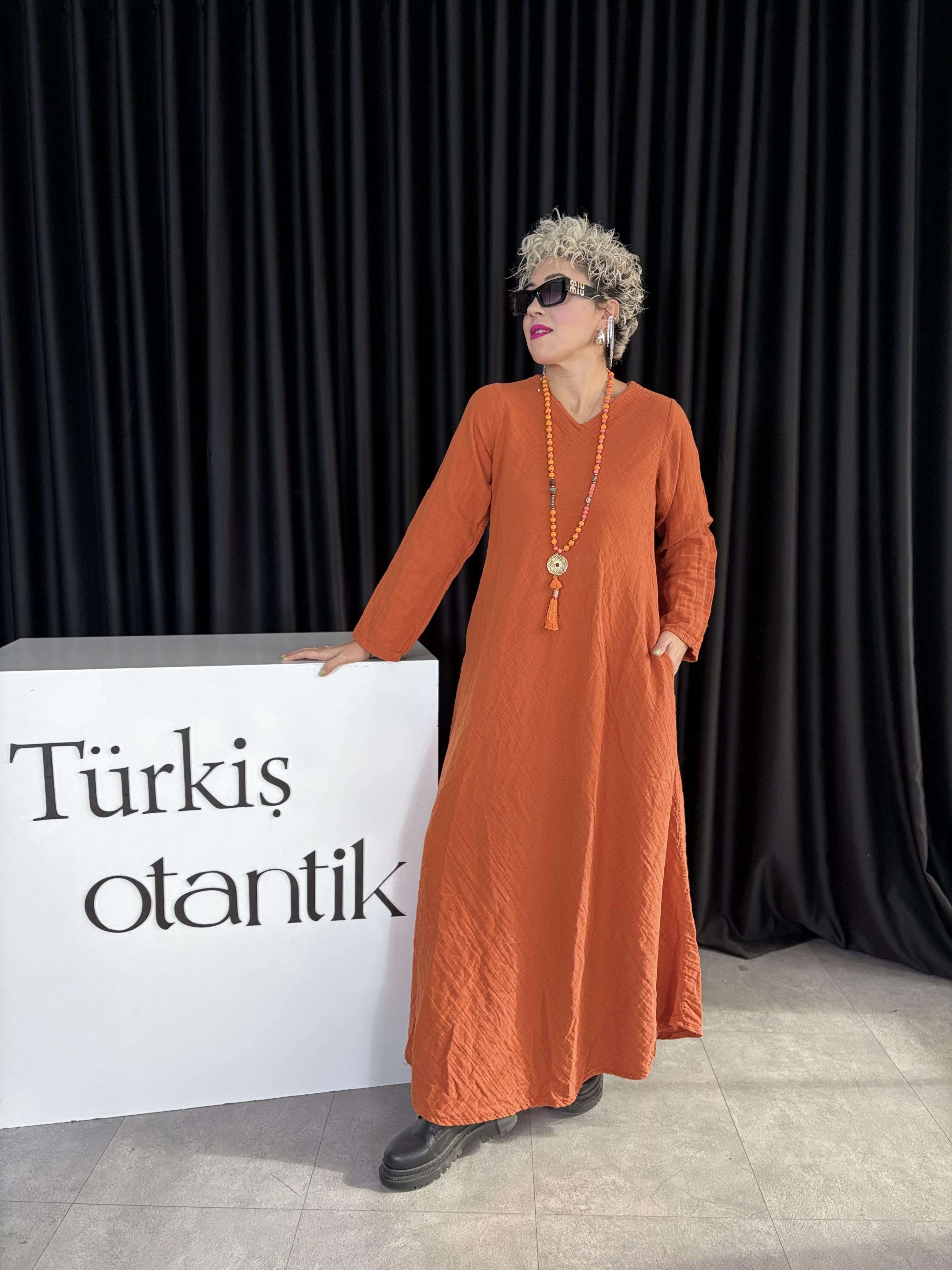 Müslin Kiremit Yeşim Elbise