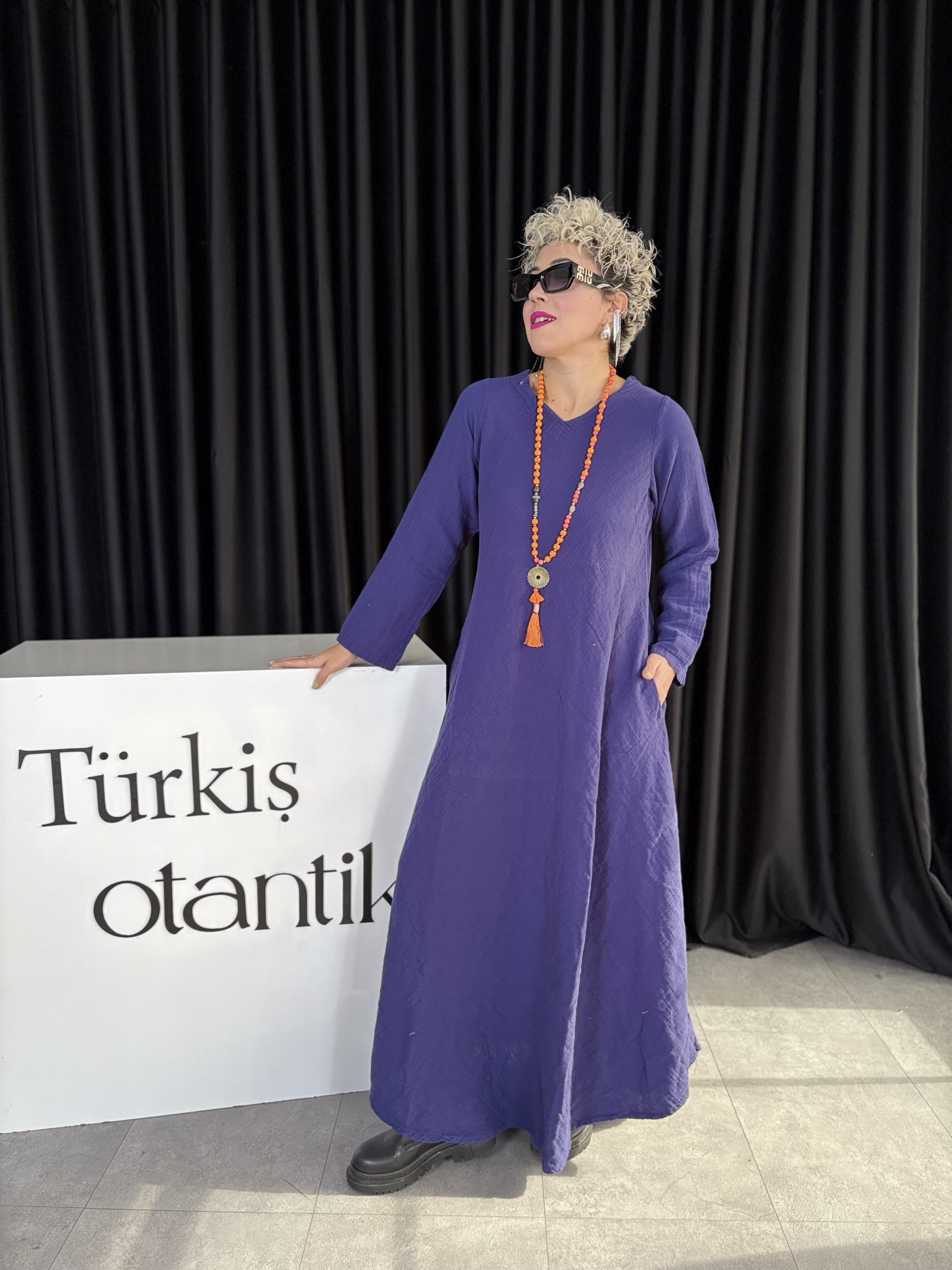 Müslin Lacivert Yeşim Elbise
