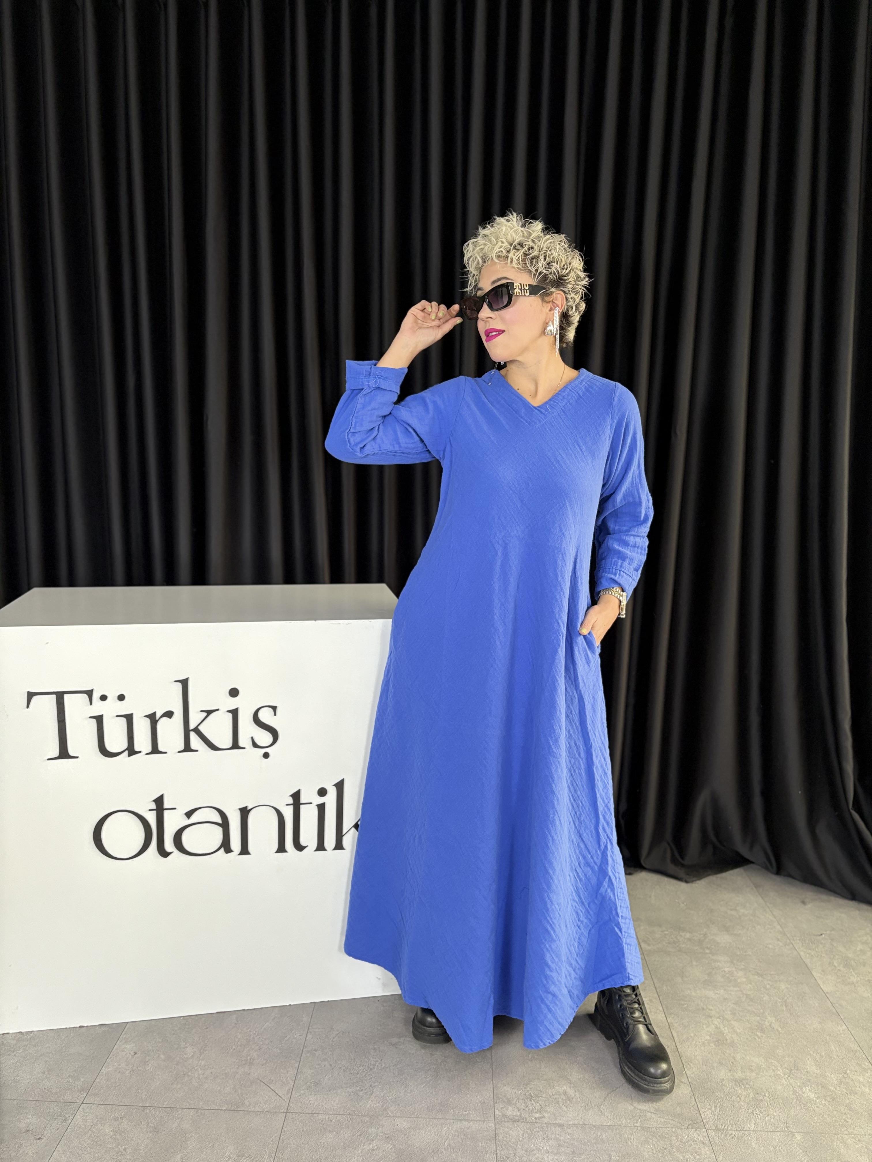Müslin Mavi Yeşim Elbise