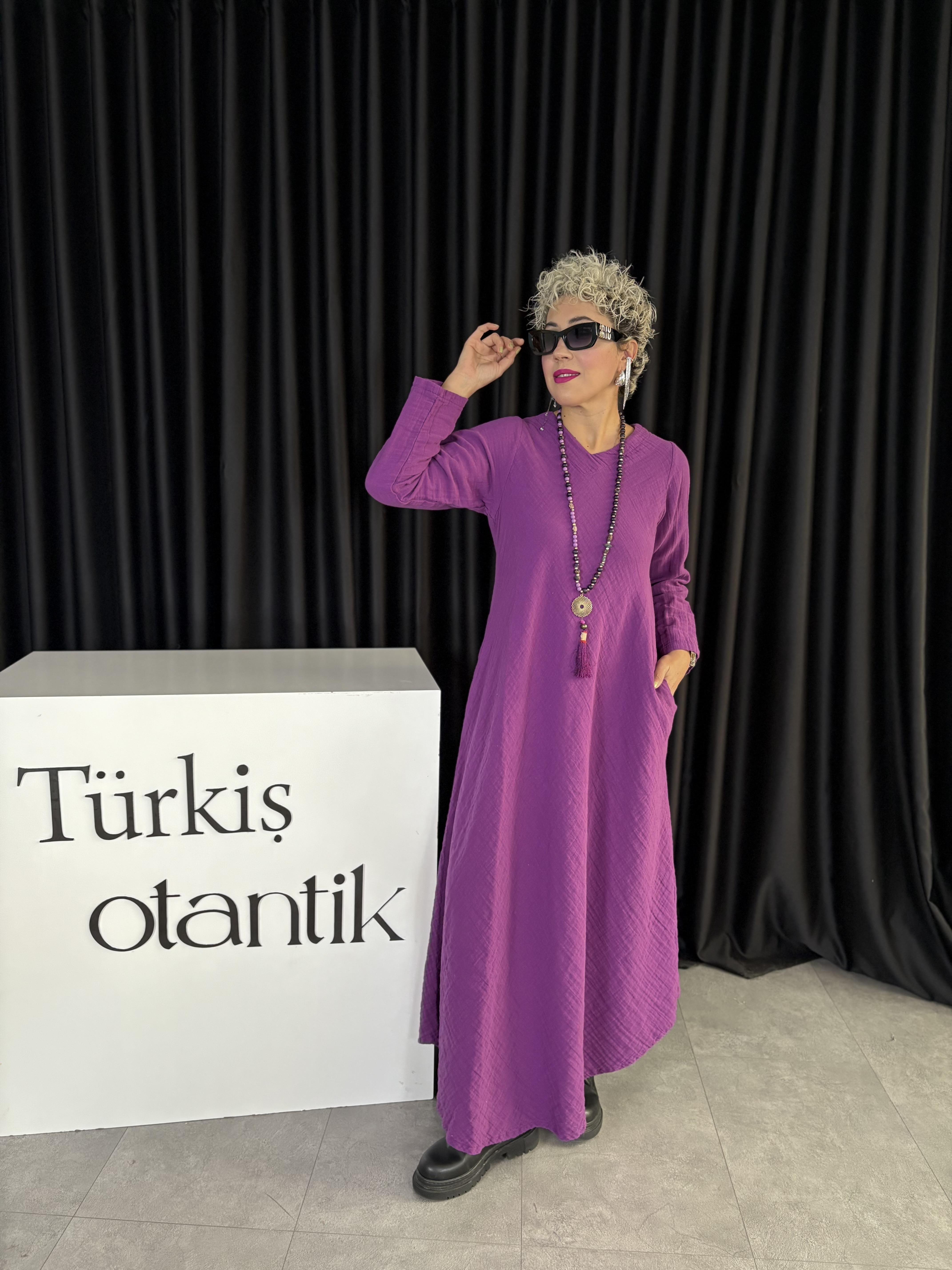 Müslin Mor Yeşim Elbise