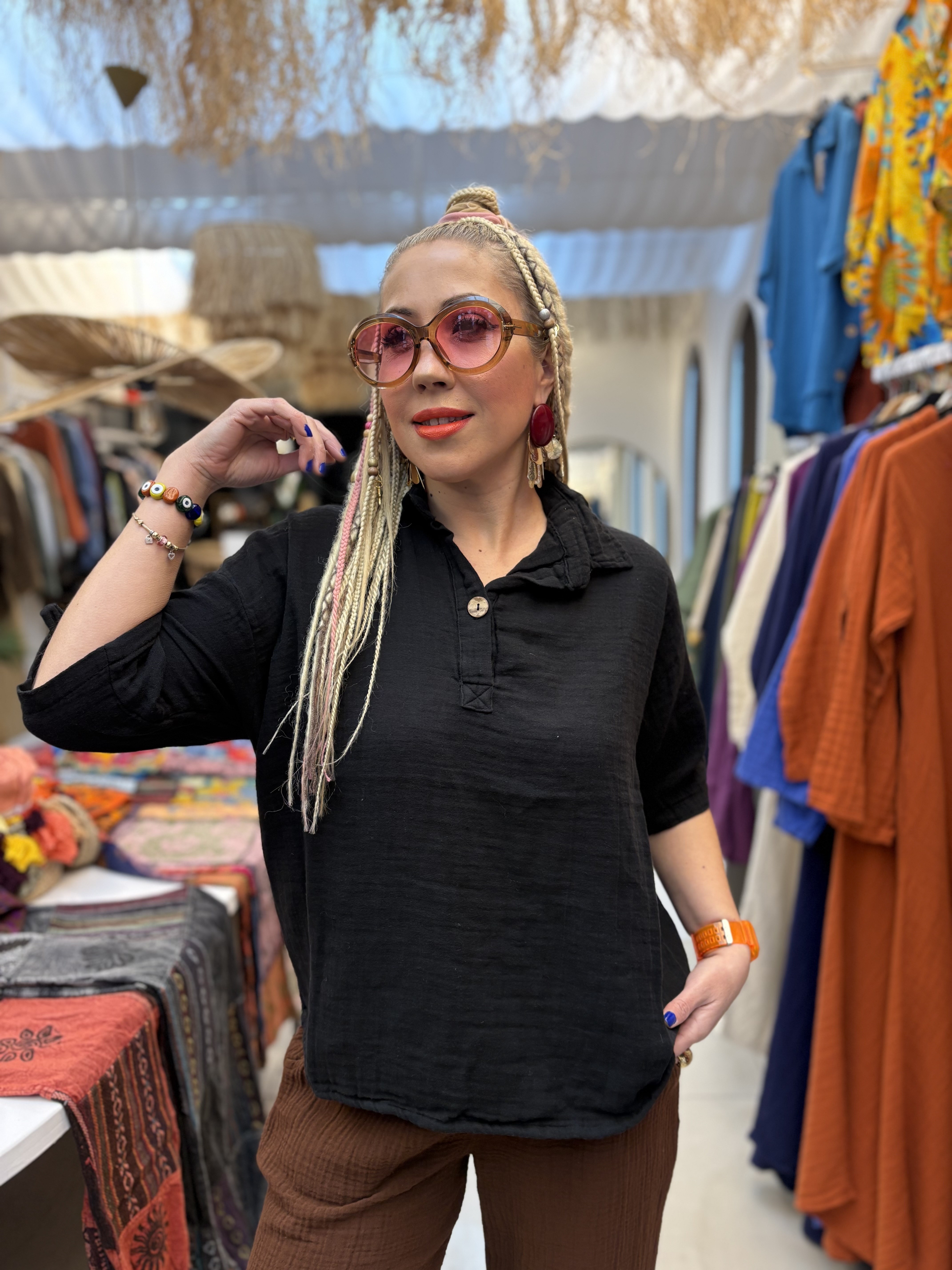 Müslin Siyah Ebru Bluz