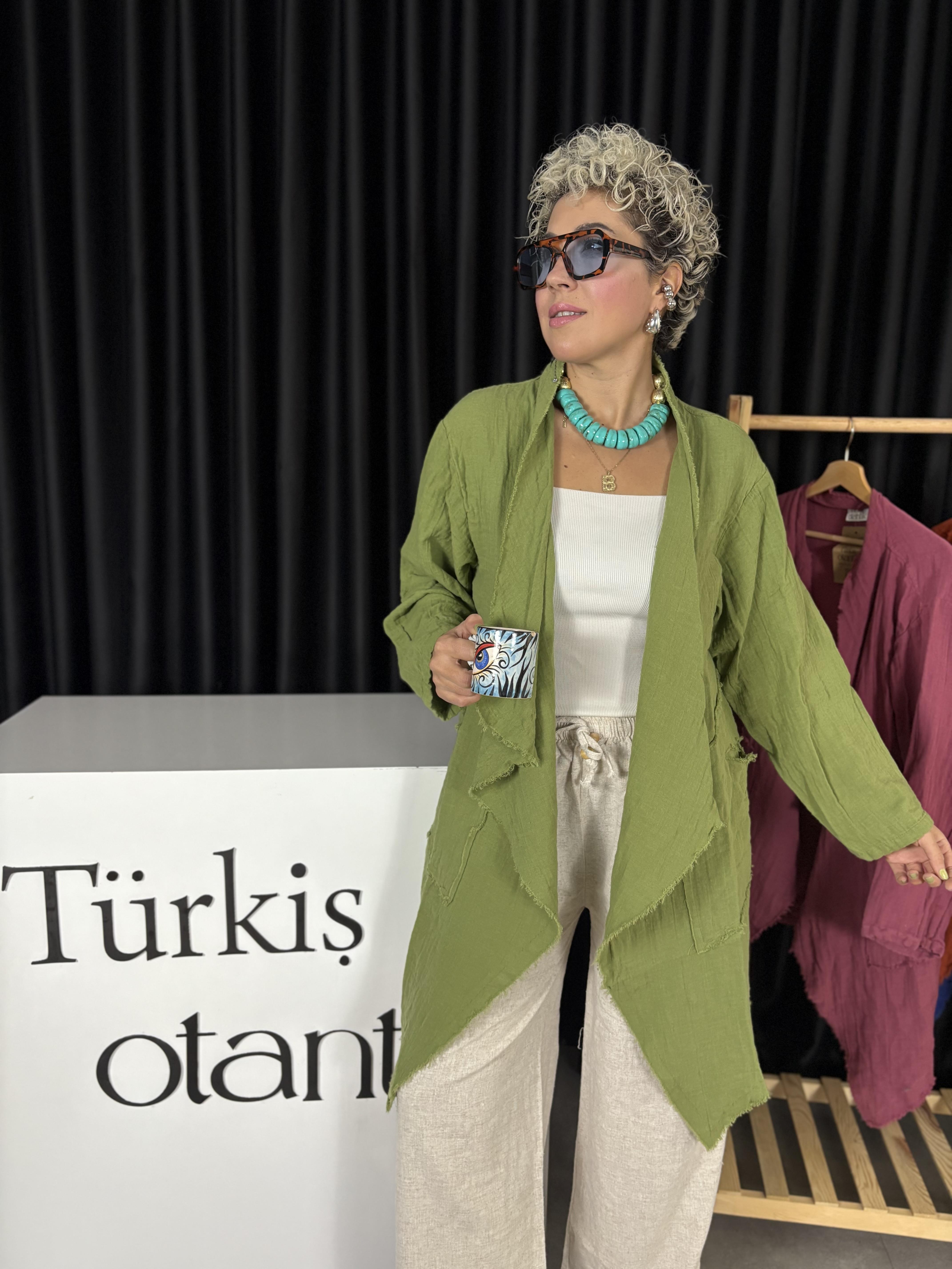 Müslin Yağ Yeşili Bohem Ceket