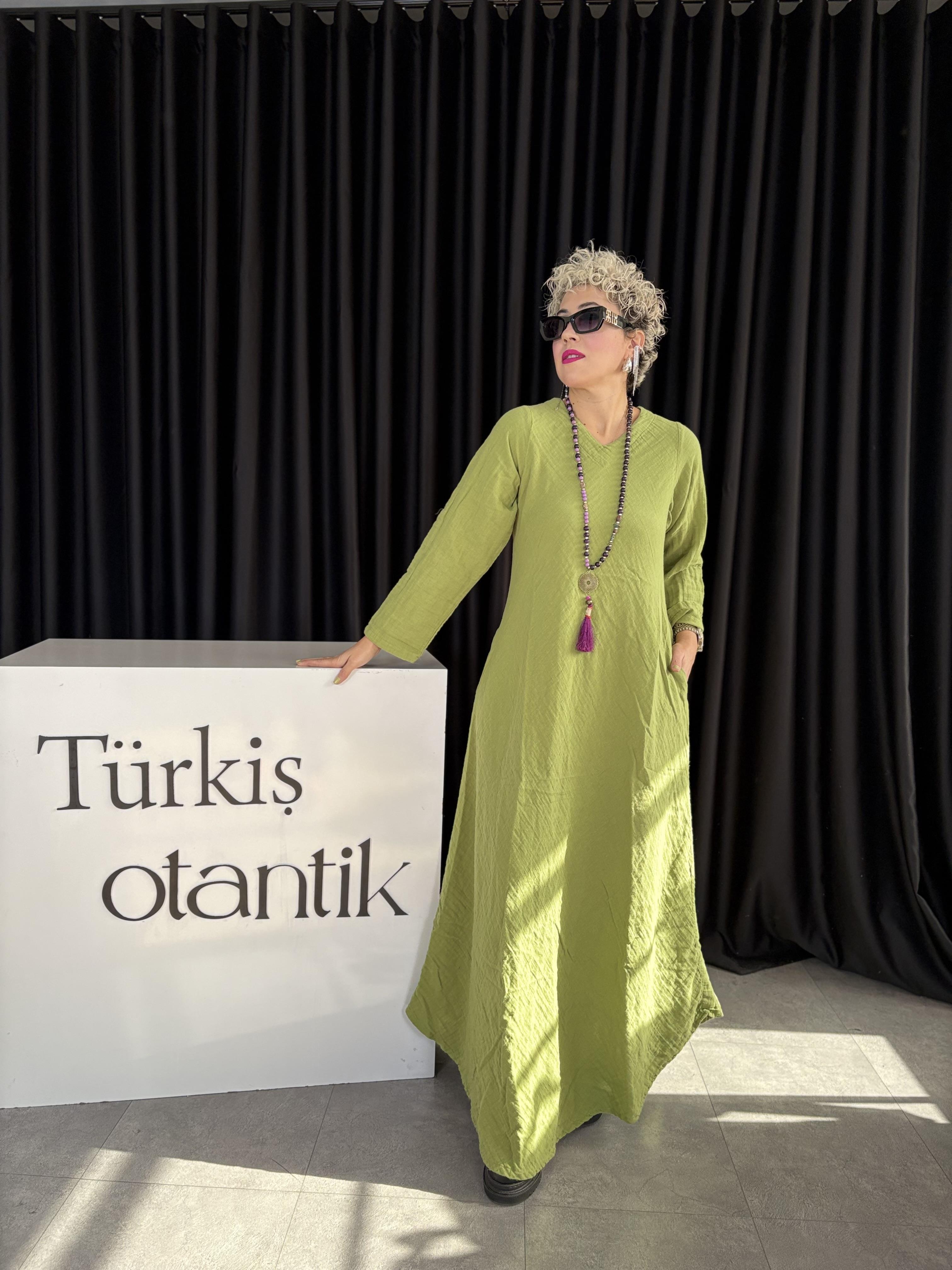 Müslin Yağ Yeşili Yeşim Elbise
